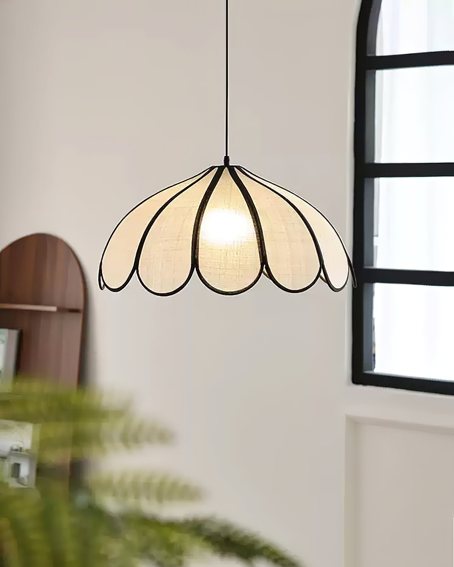 Pendant Lamp Scalloped Plant Fiber Shade Metal Frame Minimalist - Letslighting