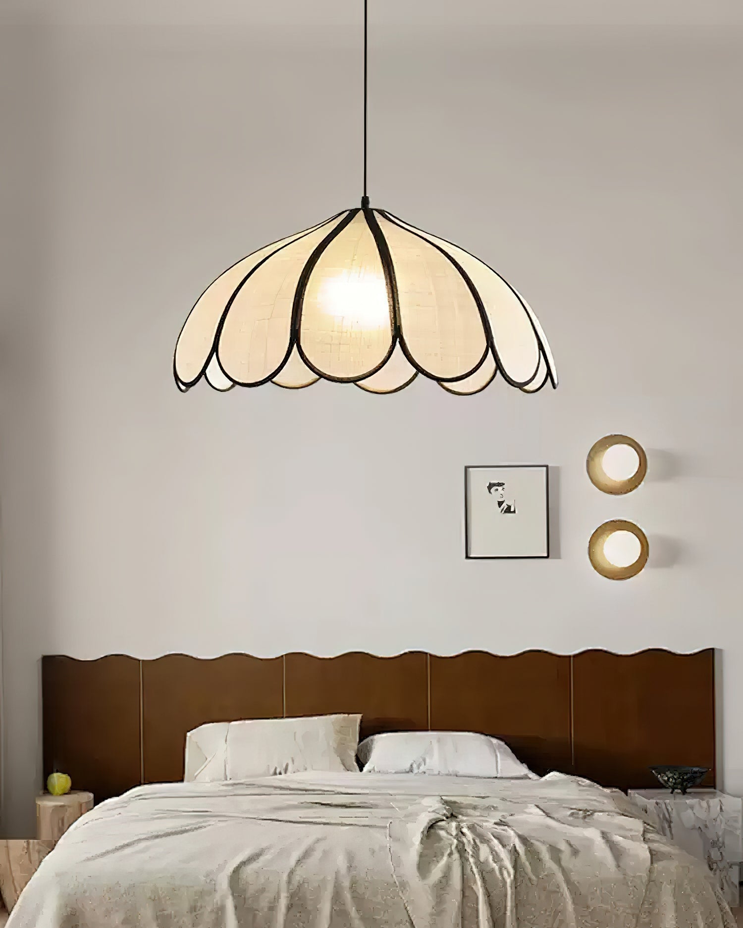 Pendant Lamp Scalloped Plant Fiber Shade Metal Frame Minimalist - Letslighting
