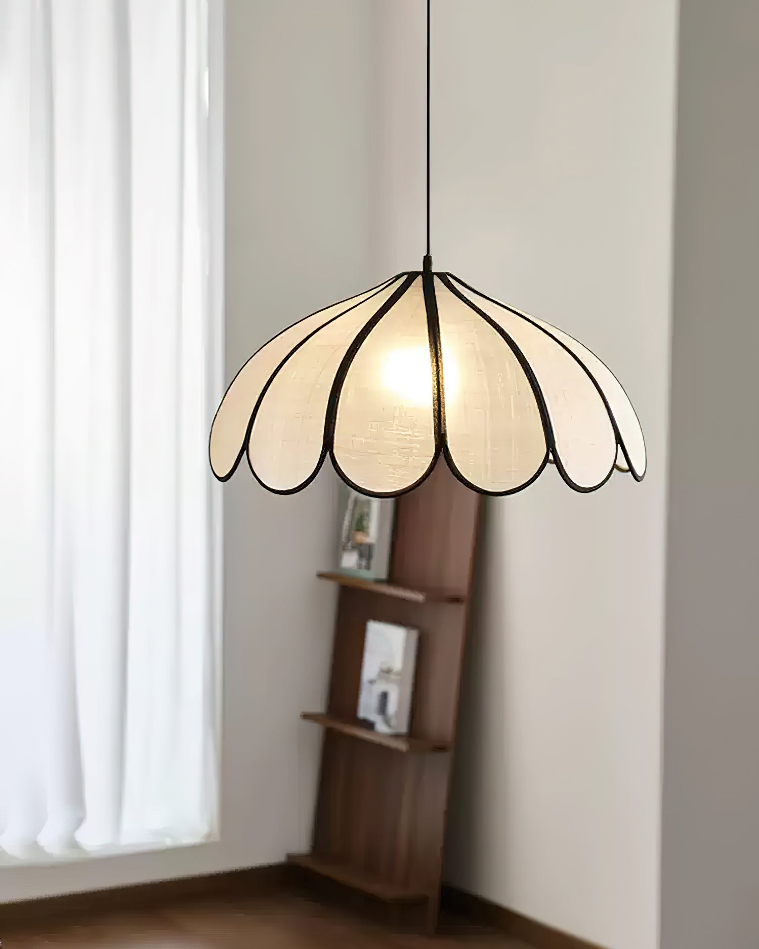 Pendant Lamp Scalloped Plant Fiber Shade Metal Frame Minimalist - Letslighting