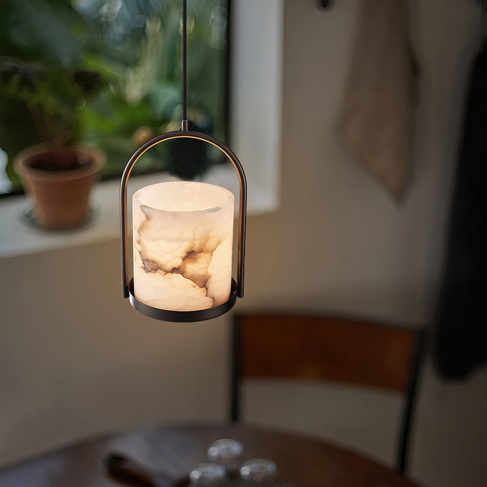 Jewel Modern Minimalist Brass Metal Alabaster Pendant Light - Lamp Copper