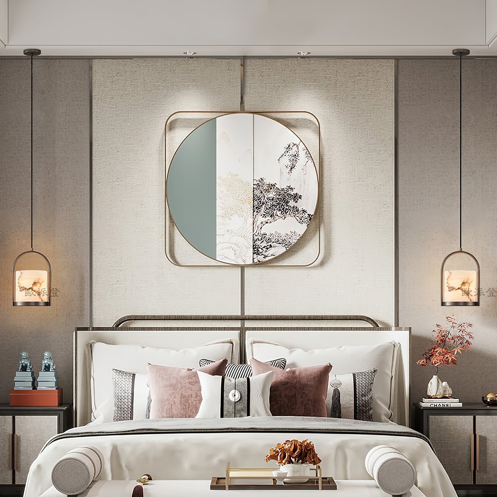 Jewel Modern Minimalist Brass Metal Alabaster Pendant Light - Lamp Copper