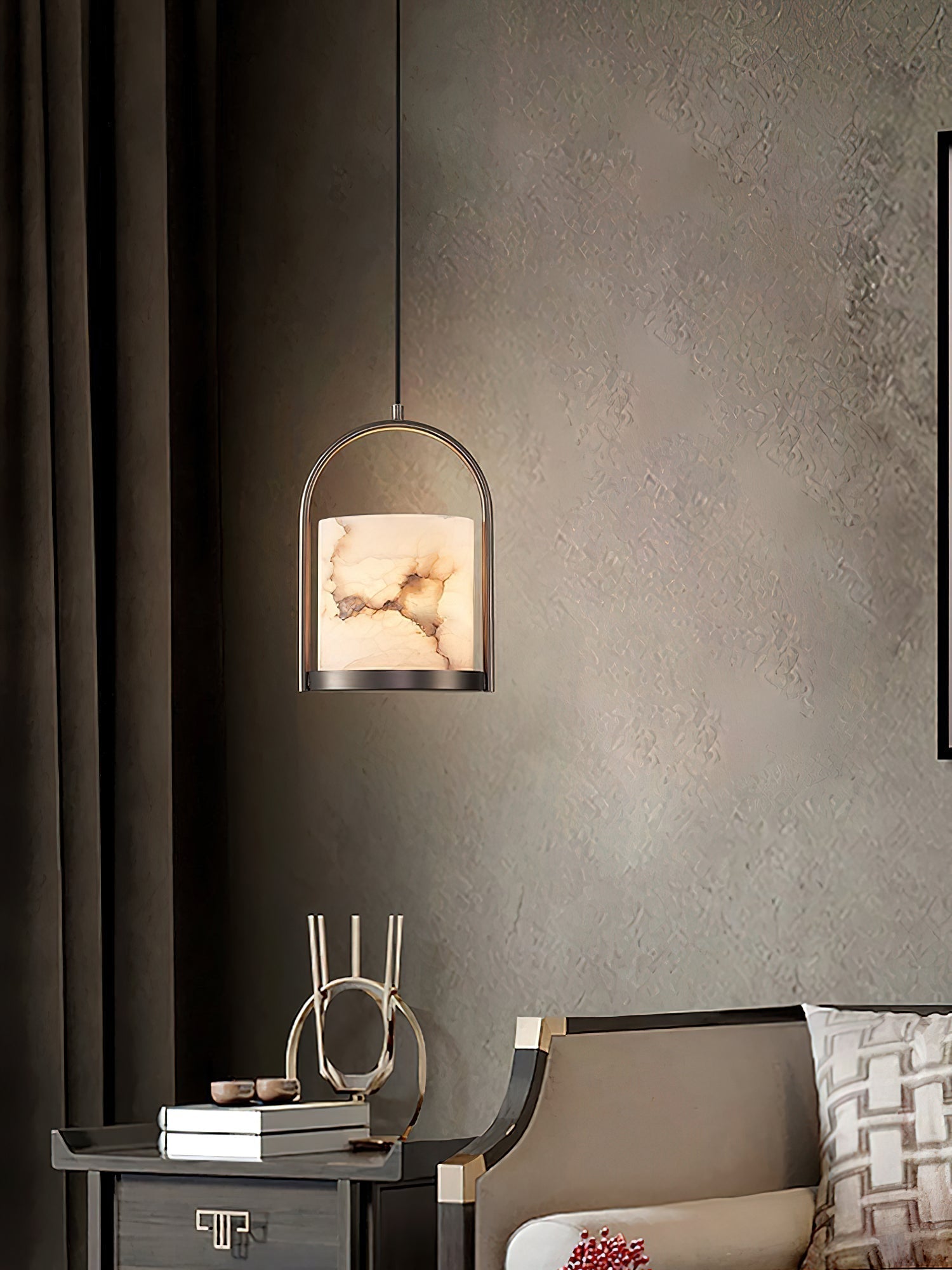 Jewel Modern Minimalist Brass Metal Alabaster Pendant Light - Lamp Copper