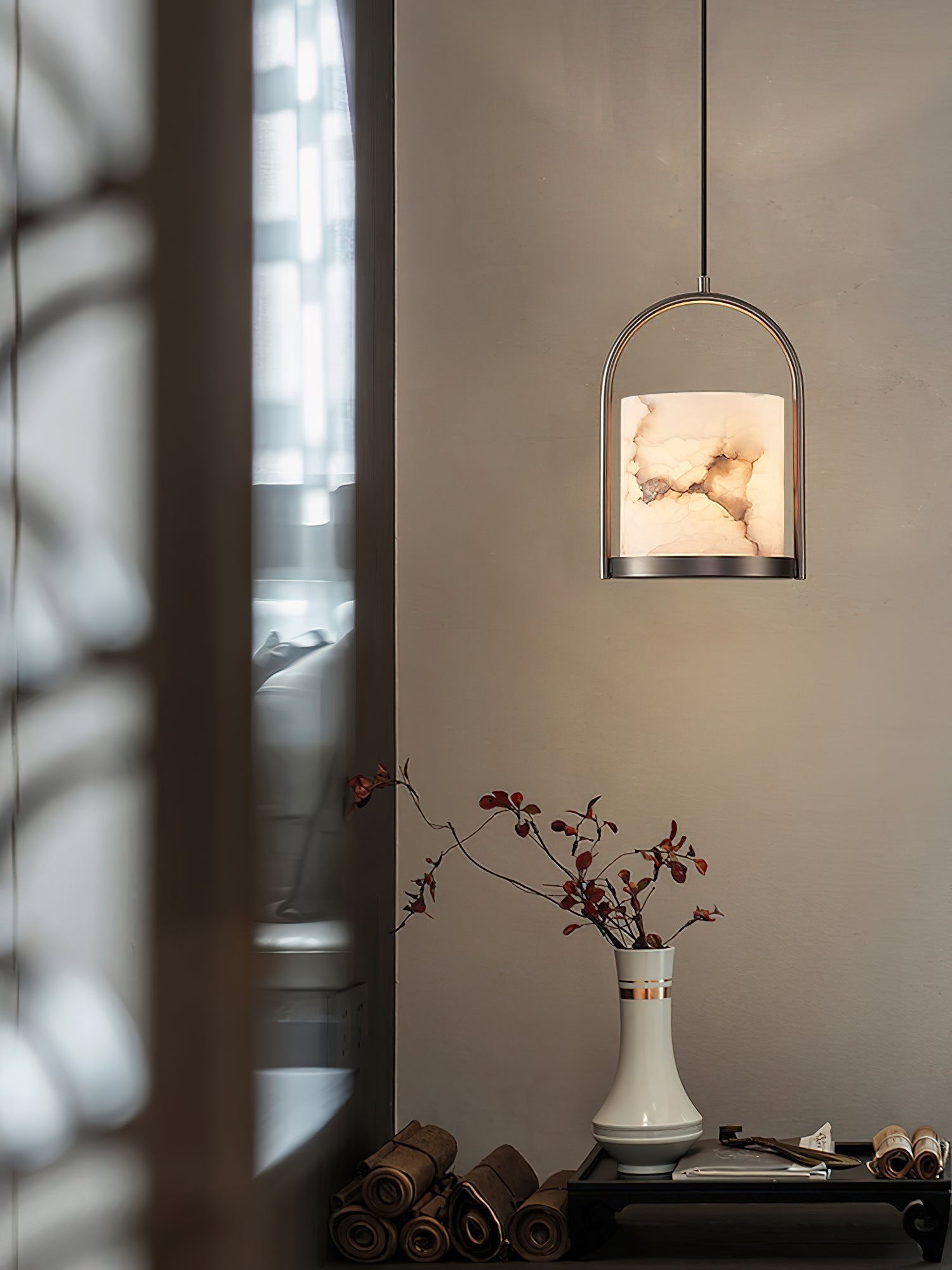 Jewel Modern Minimalist Brass Metal Alabaster Pendant Light - Lamp Copper