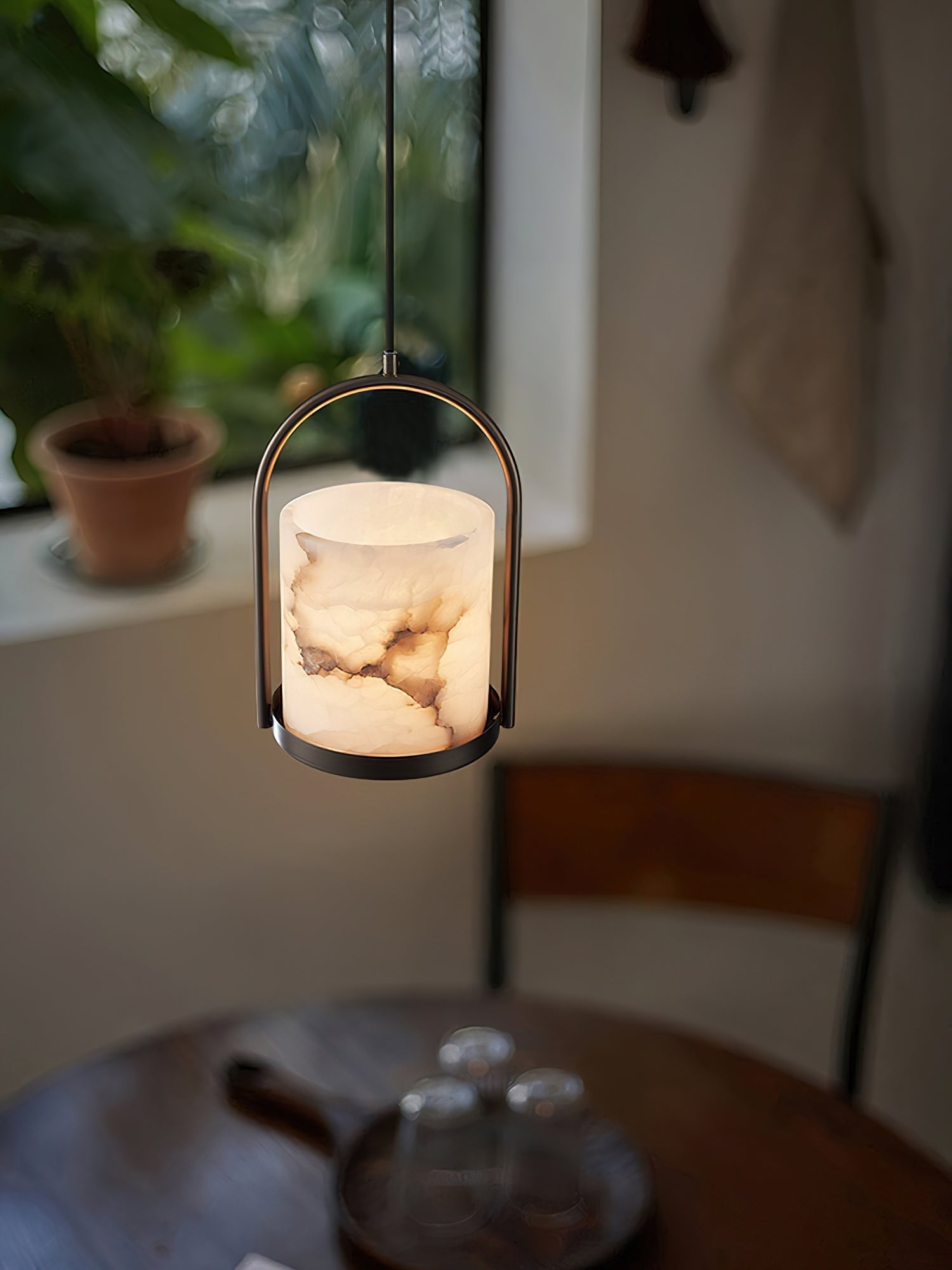 Jewel Modern Minimalist Brass Metal Alabaster Pendant Light - Lamp Copper