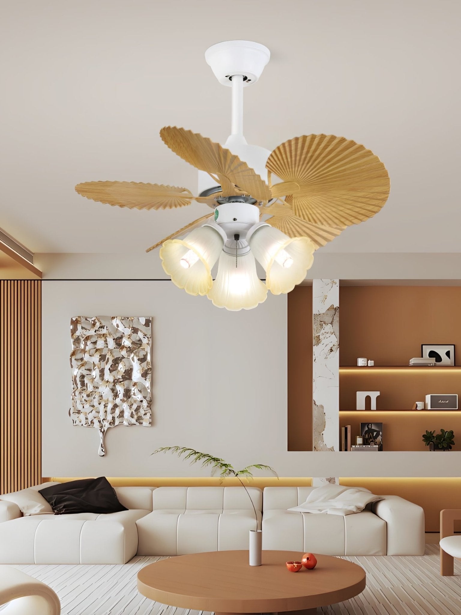 Ventilador de Techo con Luz Aurelia Vintage de Madera y Cristal en una habitación con luz natural