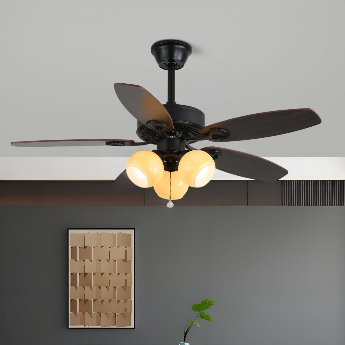 Ventilador de Techo Calviera Vintage de Madera y Cristal con Luz con las aspas en movimiento