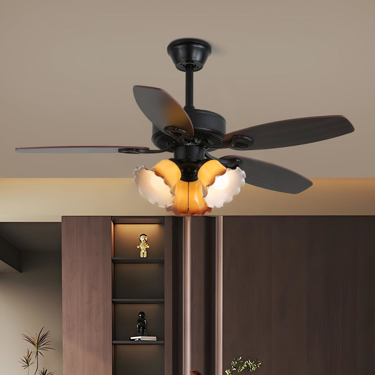 Vista superior del Ventilador de Techo Calviera Vintage de Madera y Cristal con Luz