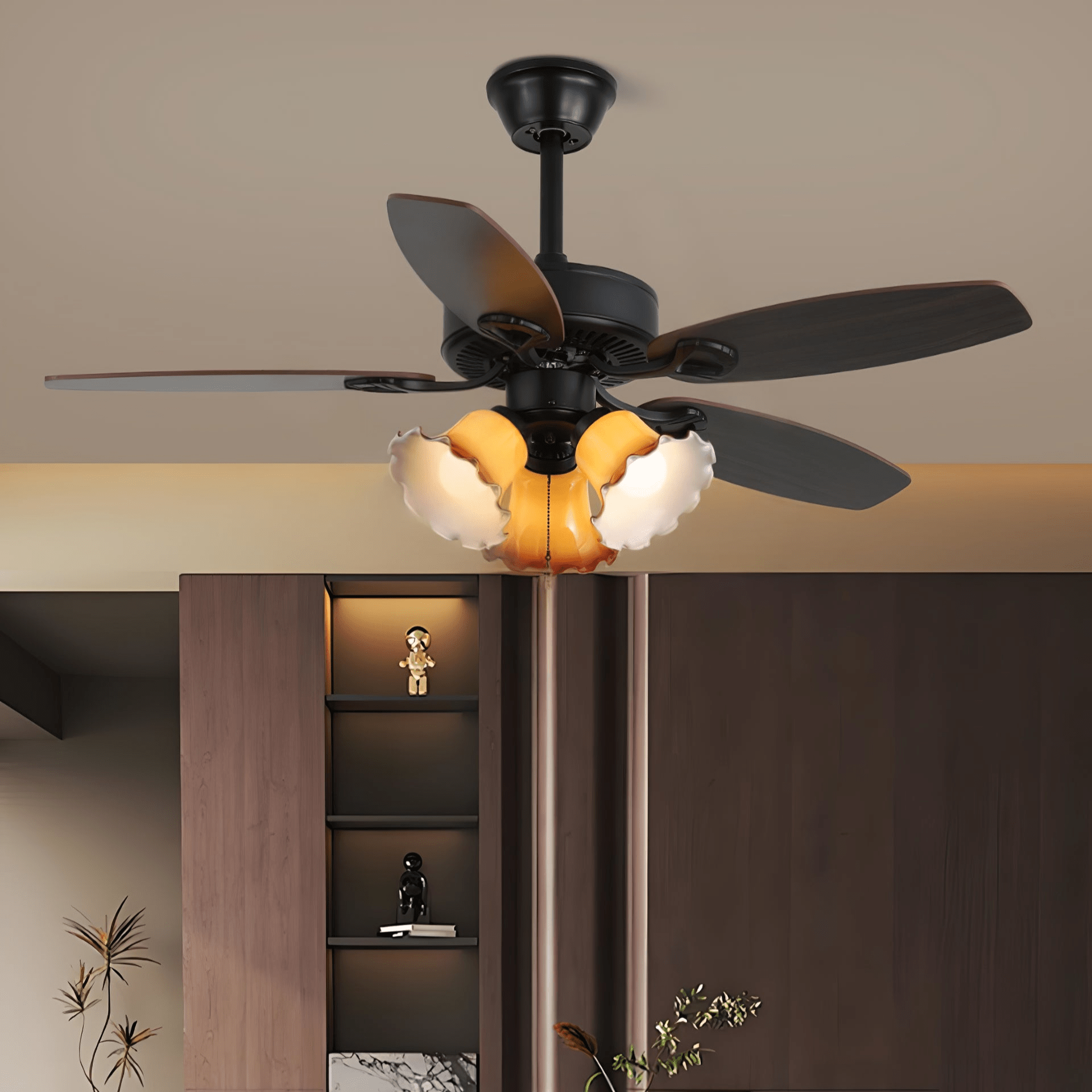 Primer plano de las aspas de madera y la pantalla de cristal del Ventilador de Techo Calviera Vintage de Madera y Cristal con Luz