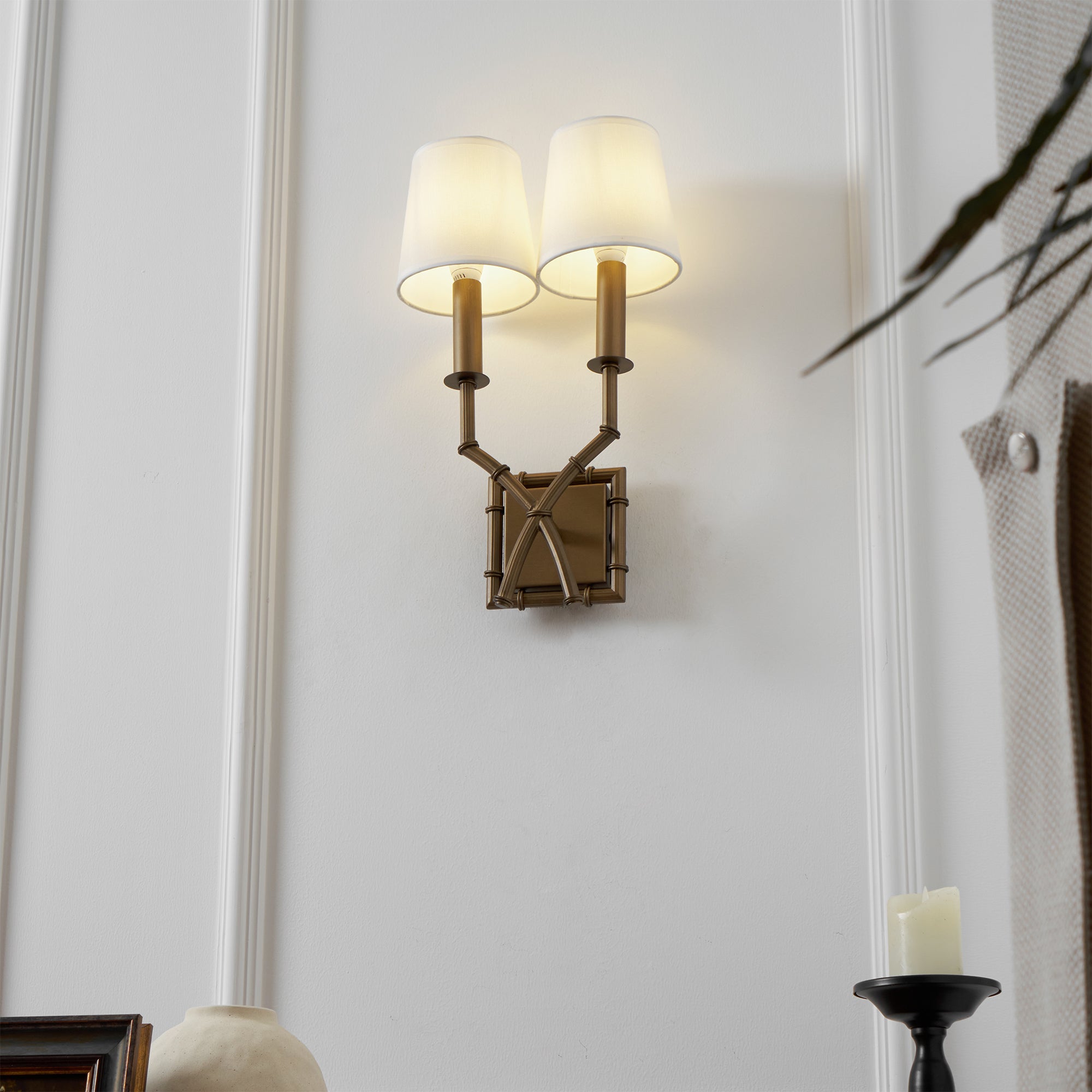 Yelp Vintage Industrial Double Arm Bamboo Fabric Sconce Wall Lamp - Lamp Copper