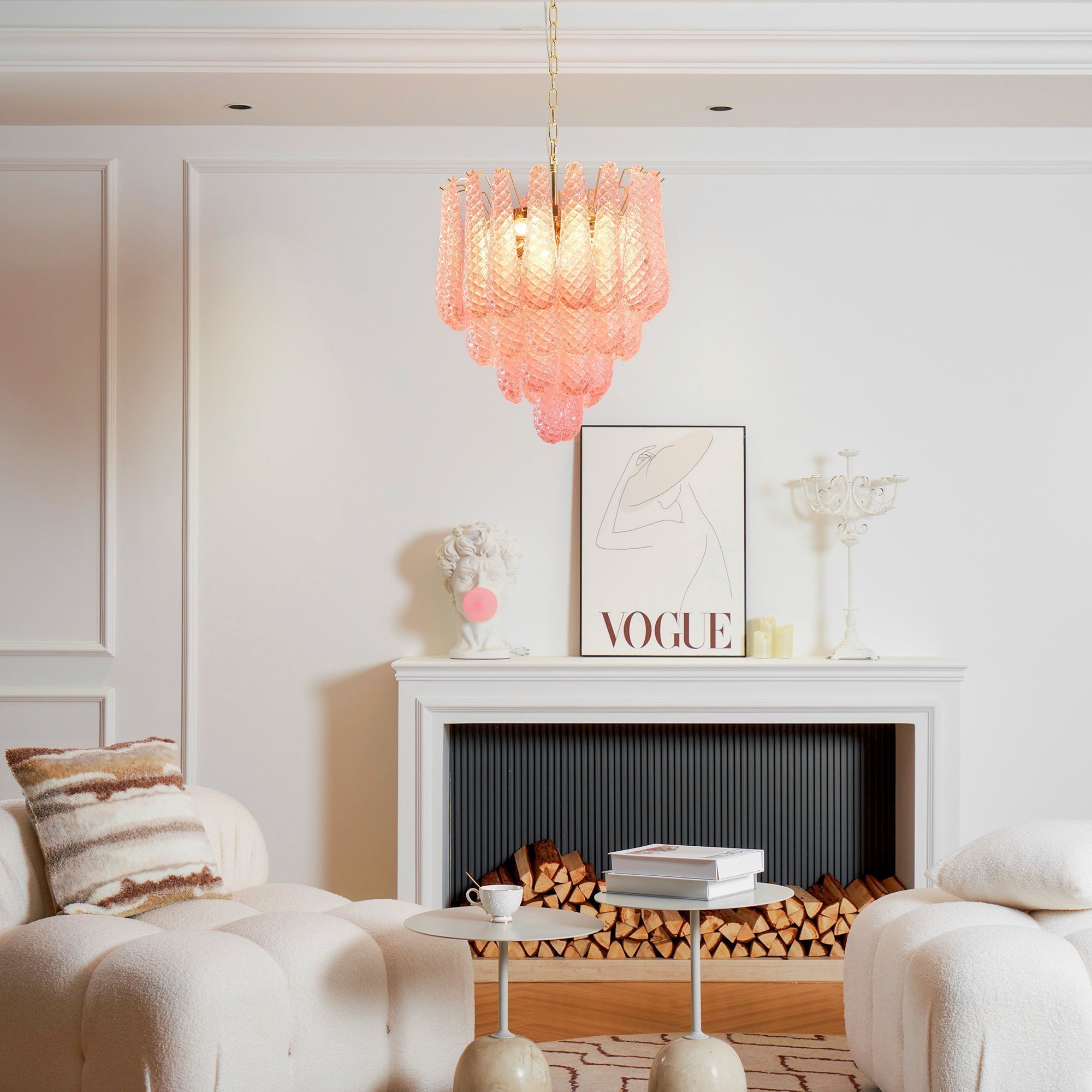 Aurora Chandelier Pink Droplet Murano Glass Diamond Pattern Waterfall - Letslighting