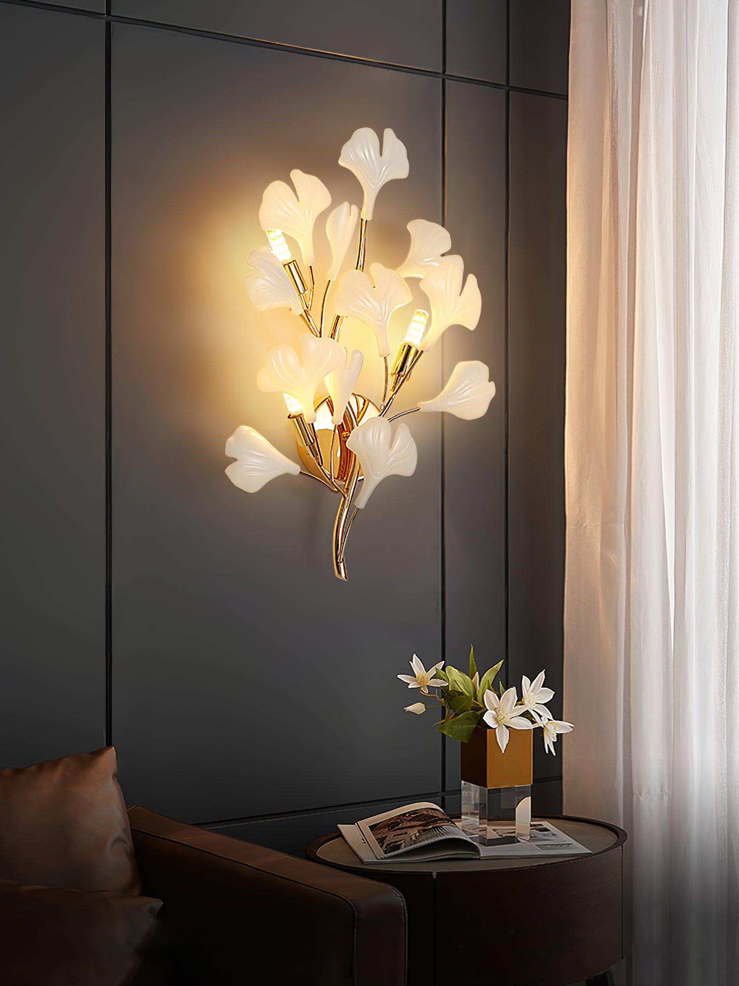 Wall Lamp Gingko Ceramic Petal Shades Gold Art Nouveau - Letslighting