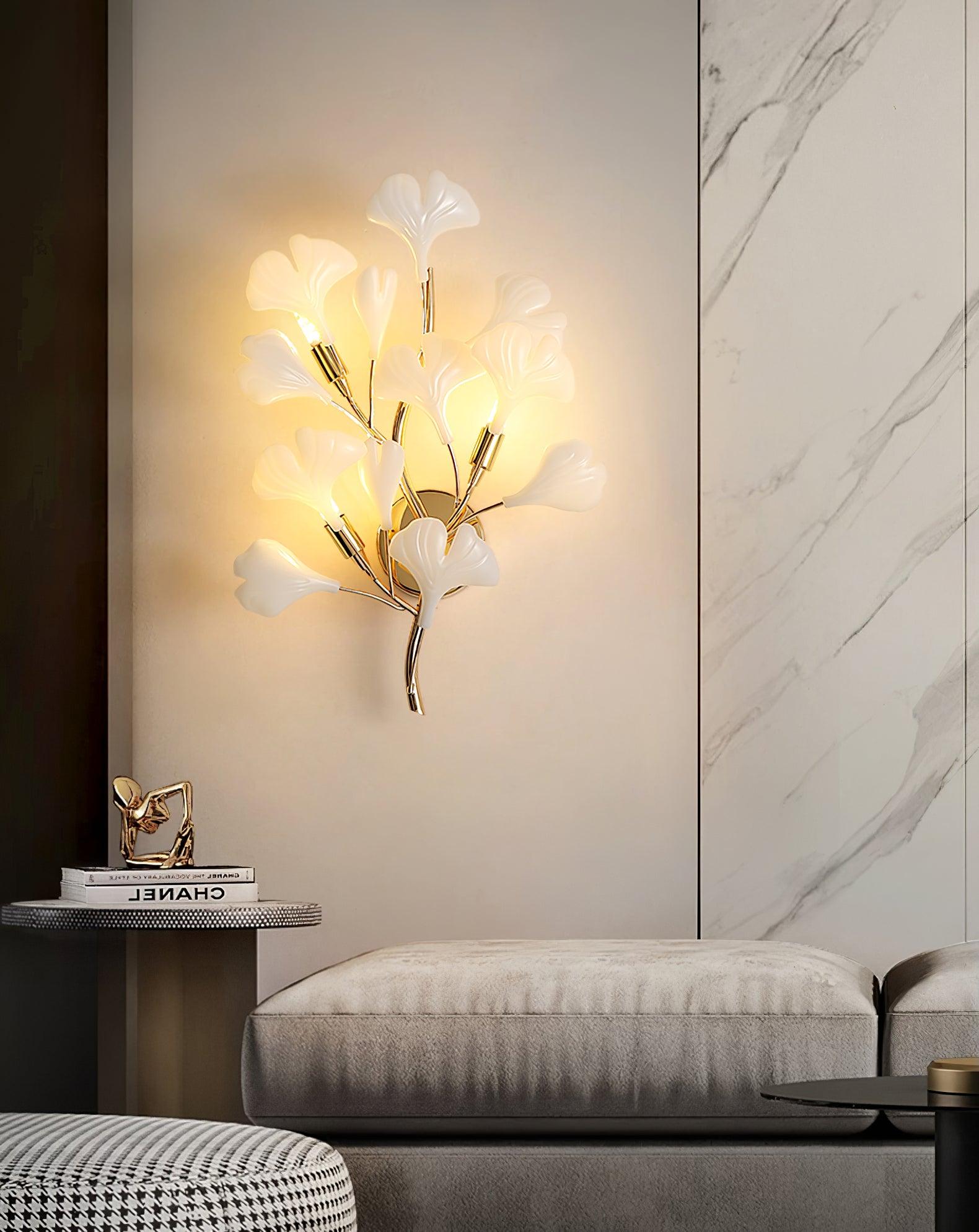 Wall Lamp Gingko Ceramic Petal Shades Gold Art Nouveau - Letslighting