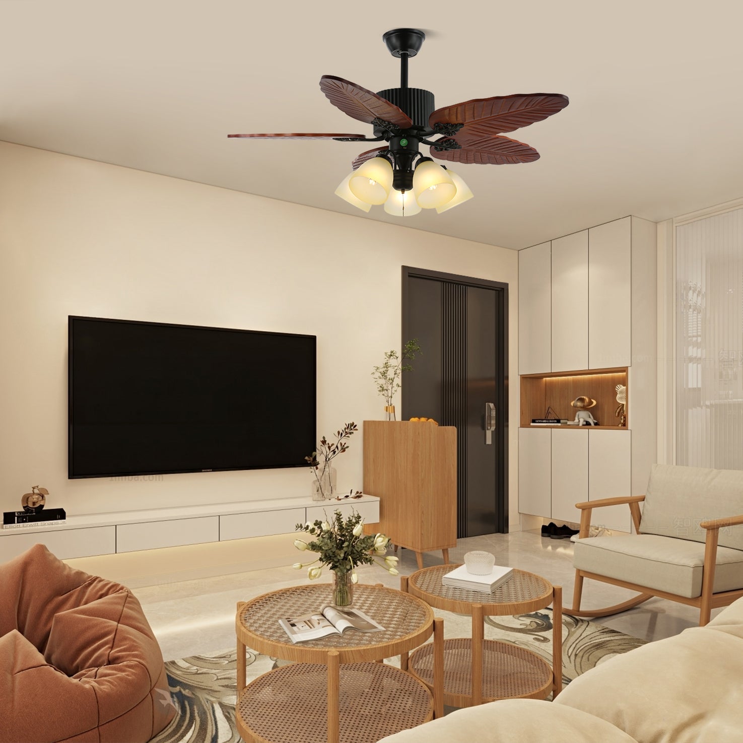 Ventilador de Techo Virella Tropical de Madera y Cristal con Luz, Modelo D