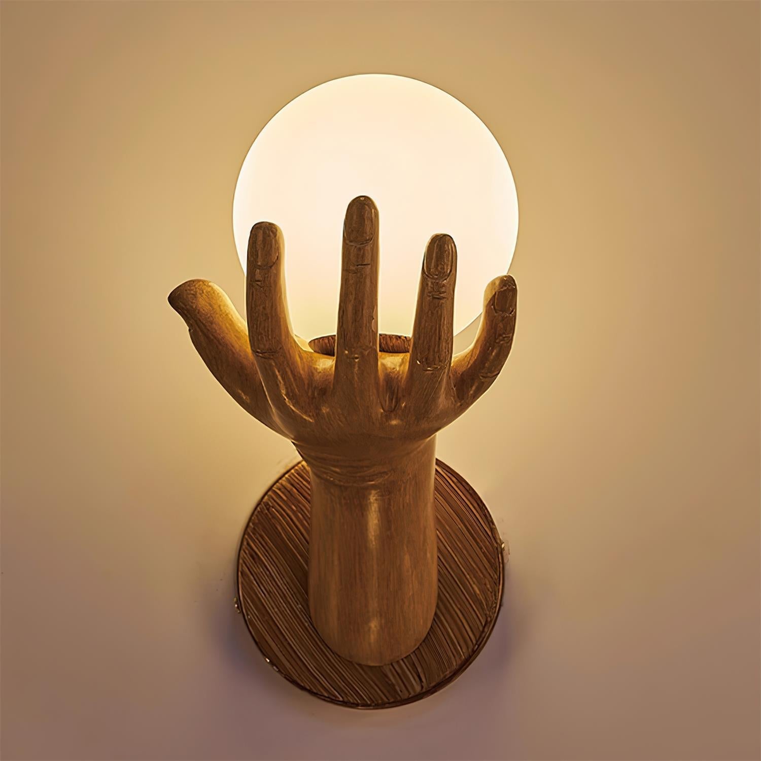 Wall Lamp Polymer Body Hand Shape Globe Shade Wood Grain - Letslighting