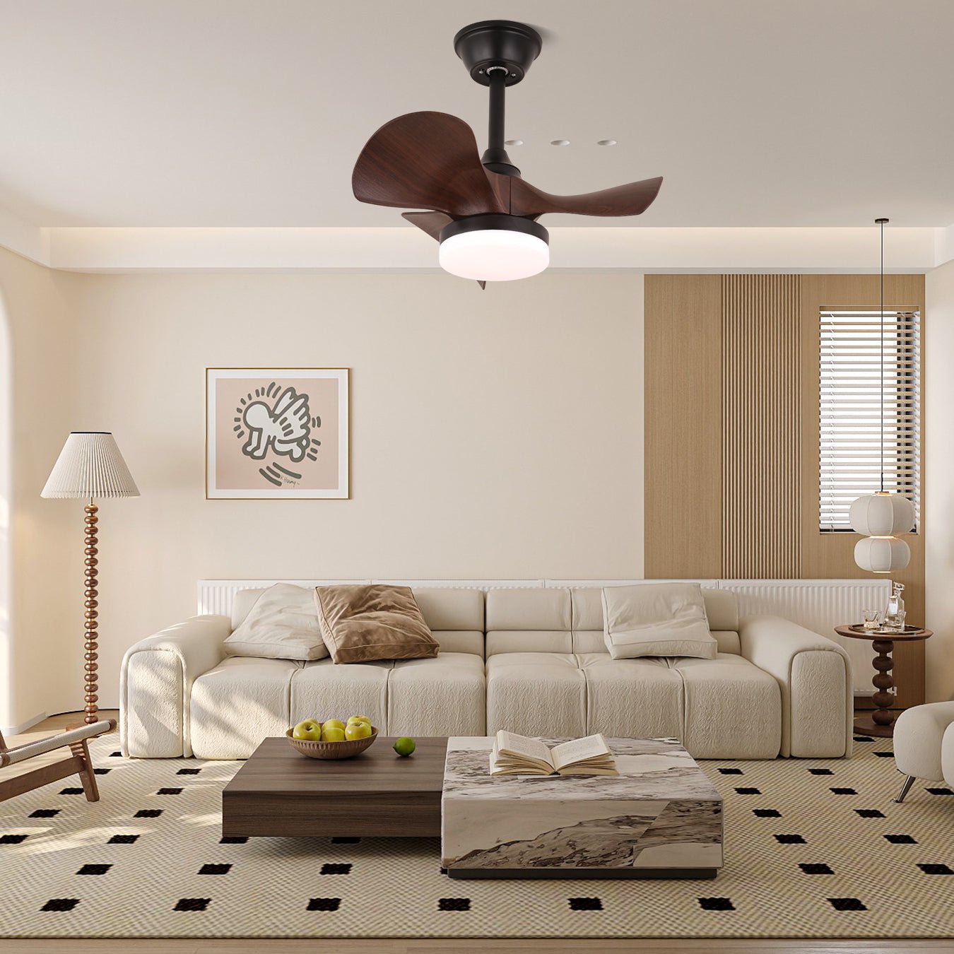 Primer plano del Ventilador de Techo Neriah mostrando las aspas de ABS y el LED integrado
