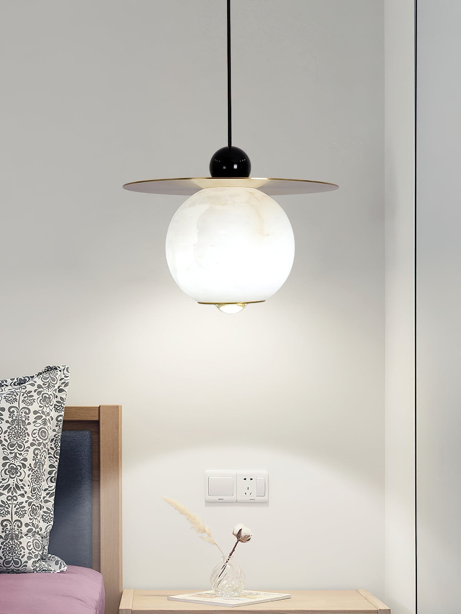 Alvarel Modern Minimalist Cord Brass Alabaster Pendant Light - Lamp Copper