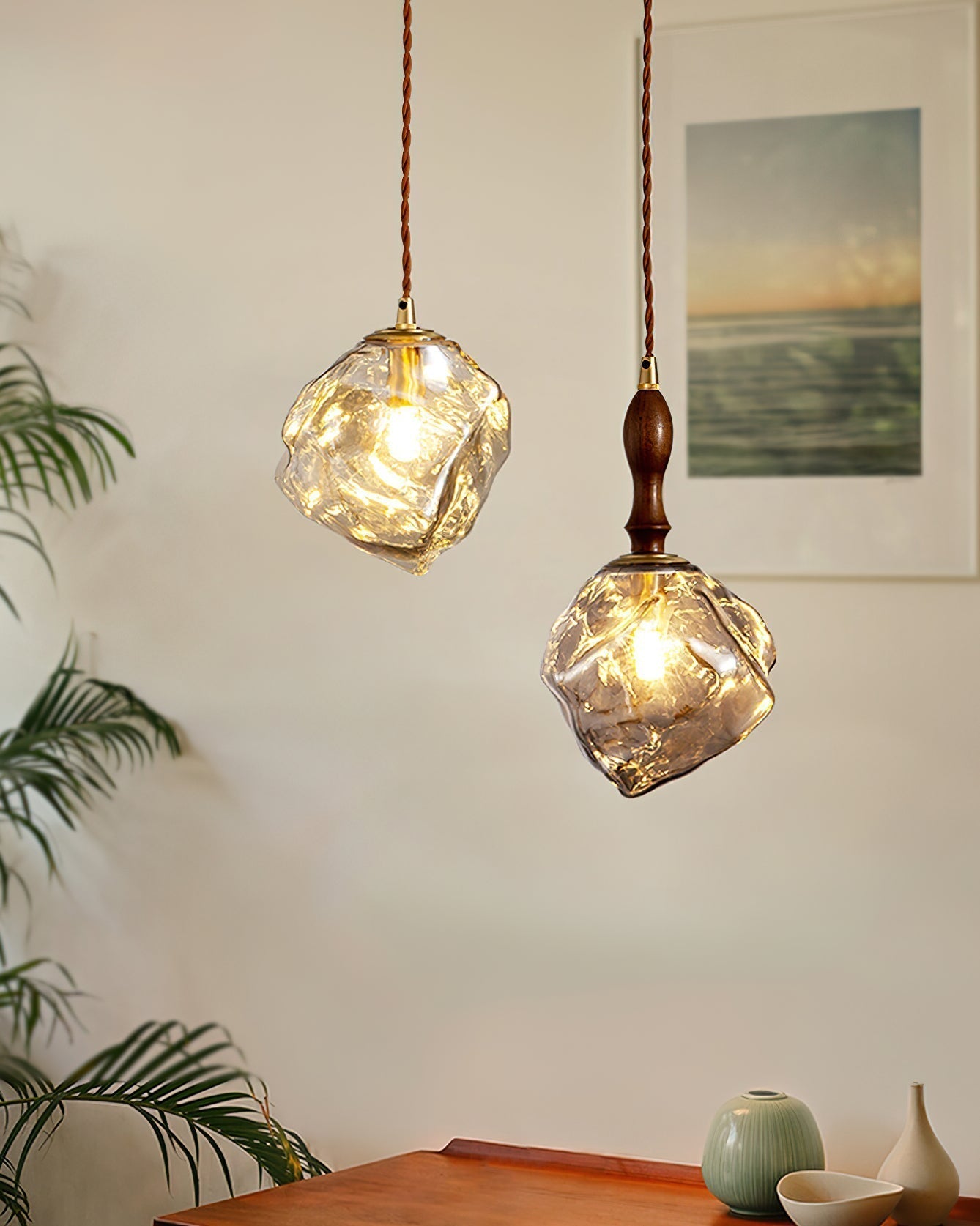 Pendant Light Walnut Wood Glass Cube - Letslighting