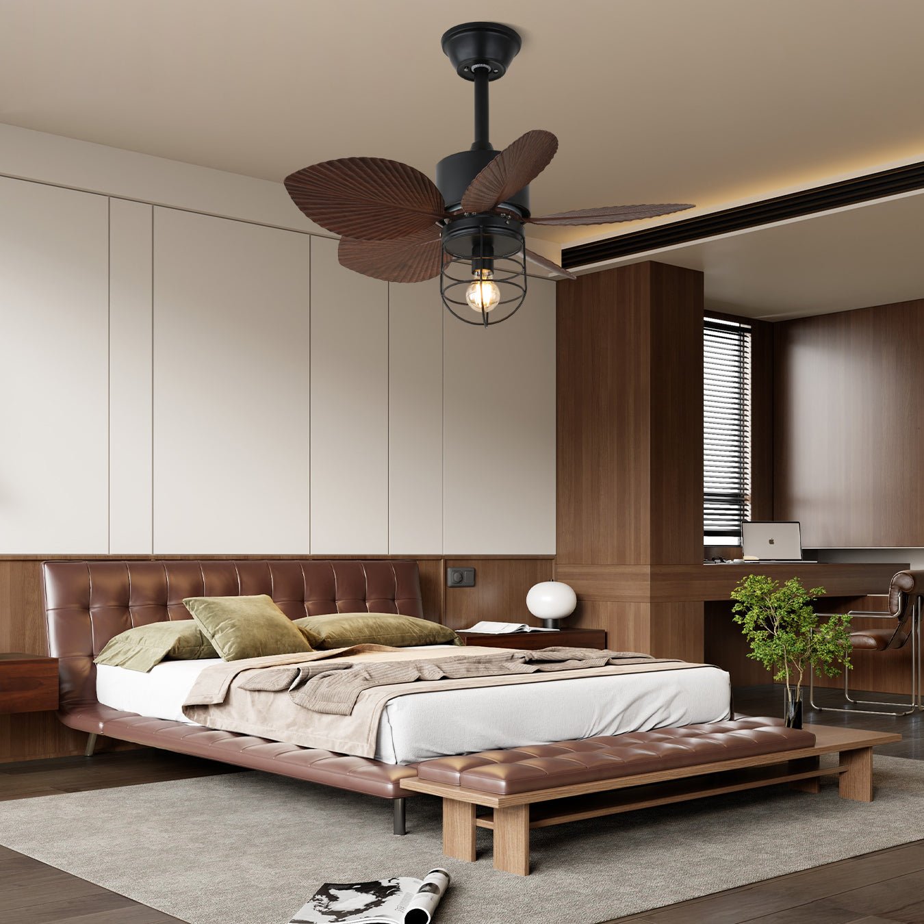 Primer plano del Ventilador de Techo Industrial Lunair con Luz, mostrando la estructura metálica y la pantalla acrílica