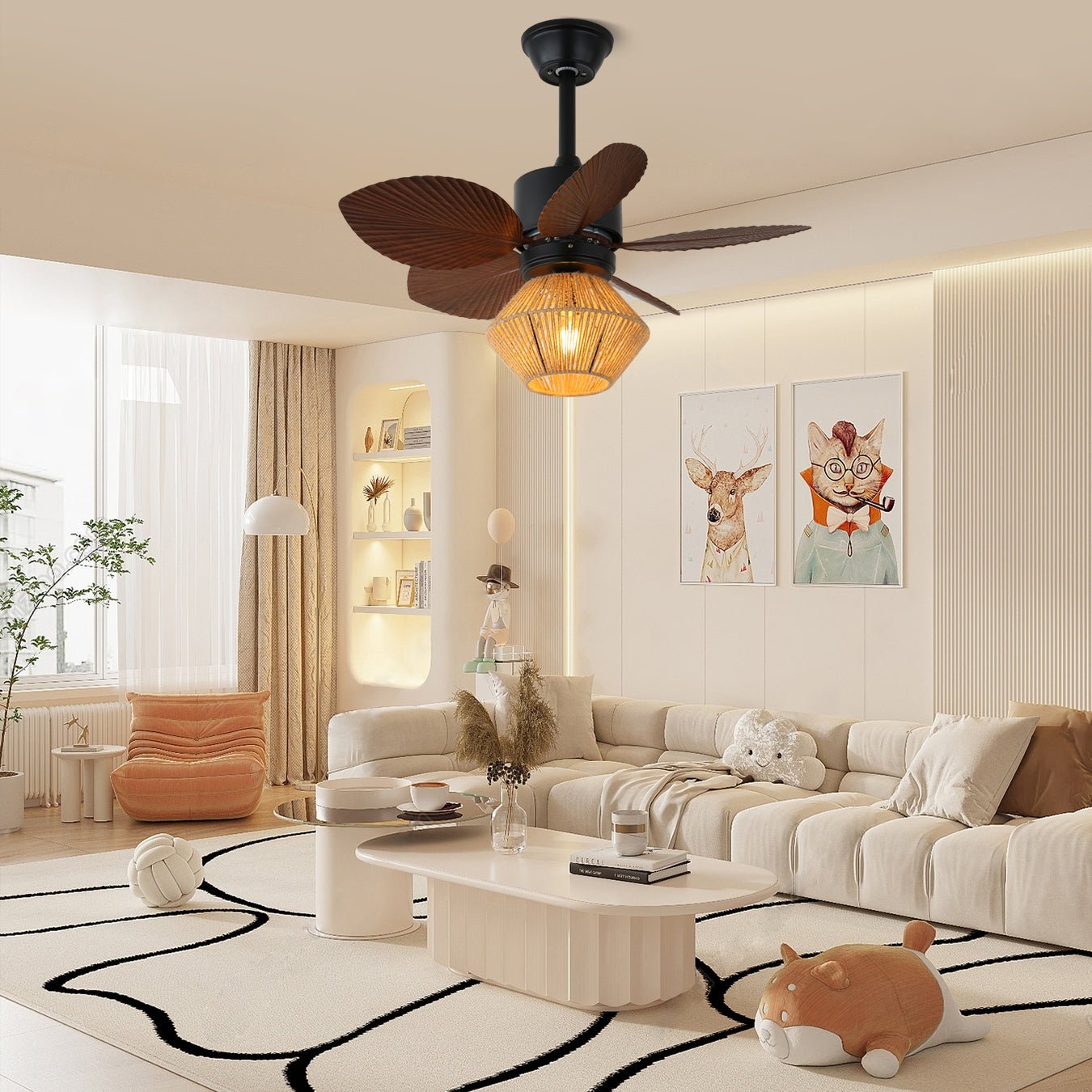 Detalle del marco metálico y las aspas de ABS del ventilador de techo Solaya con luz