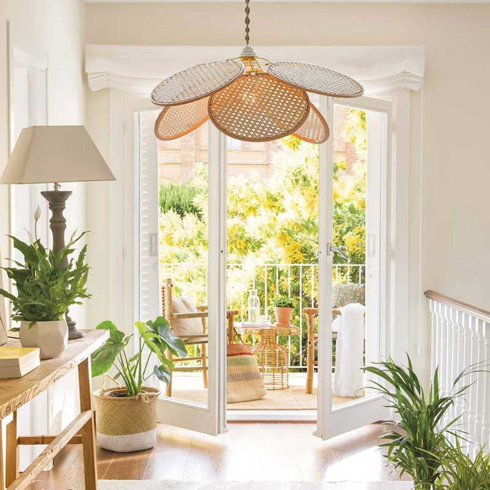Ritta Decorativa Metal/Ratán Flor LED Lámpara Colgante Madera