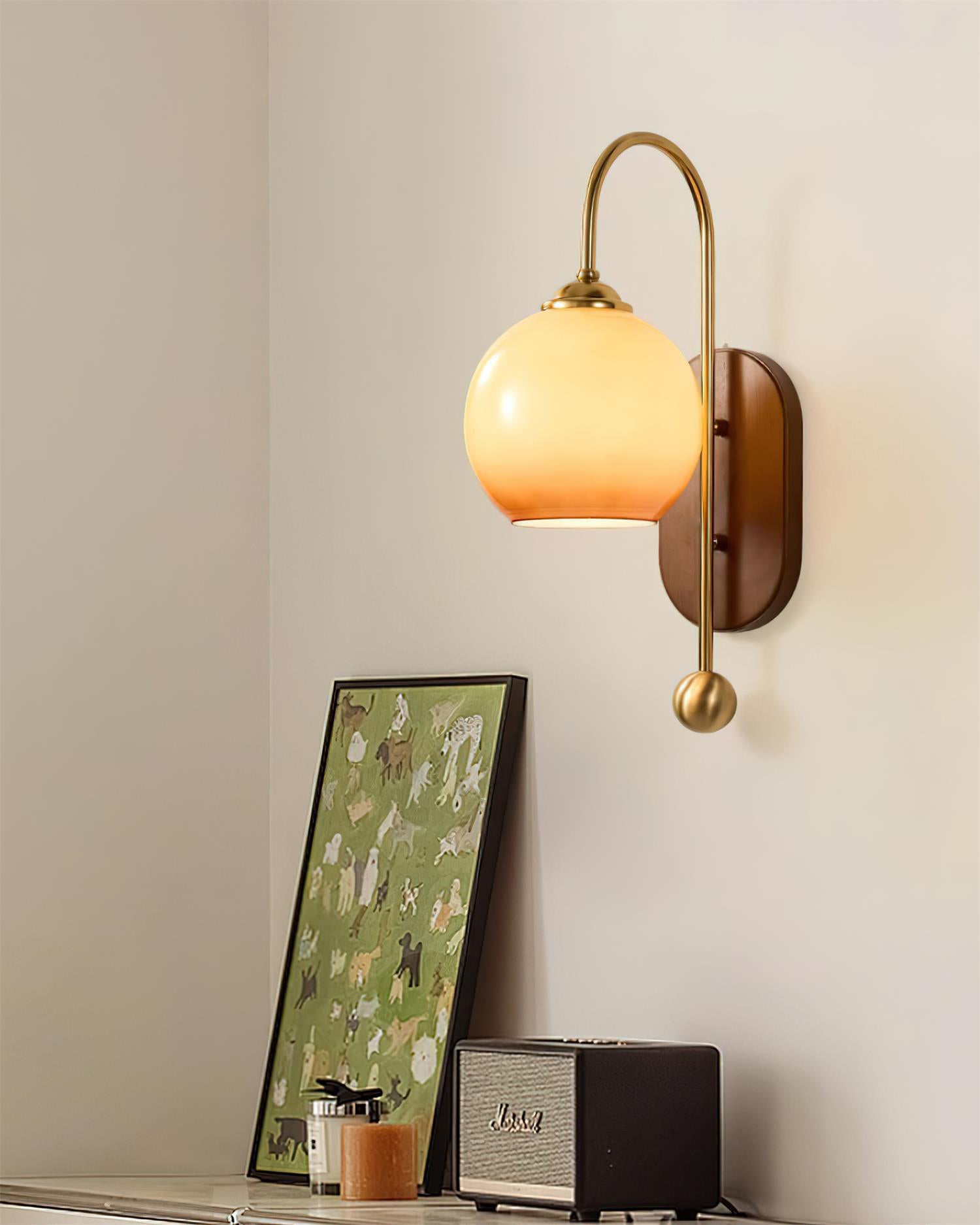 Wall Lamp Metal and Glass Smooth Globe with Wooden Backplate - Letslighting