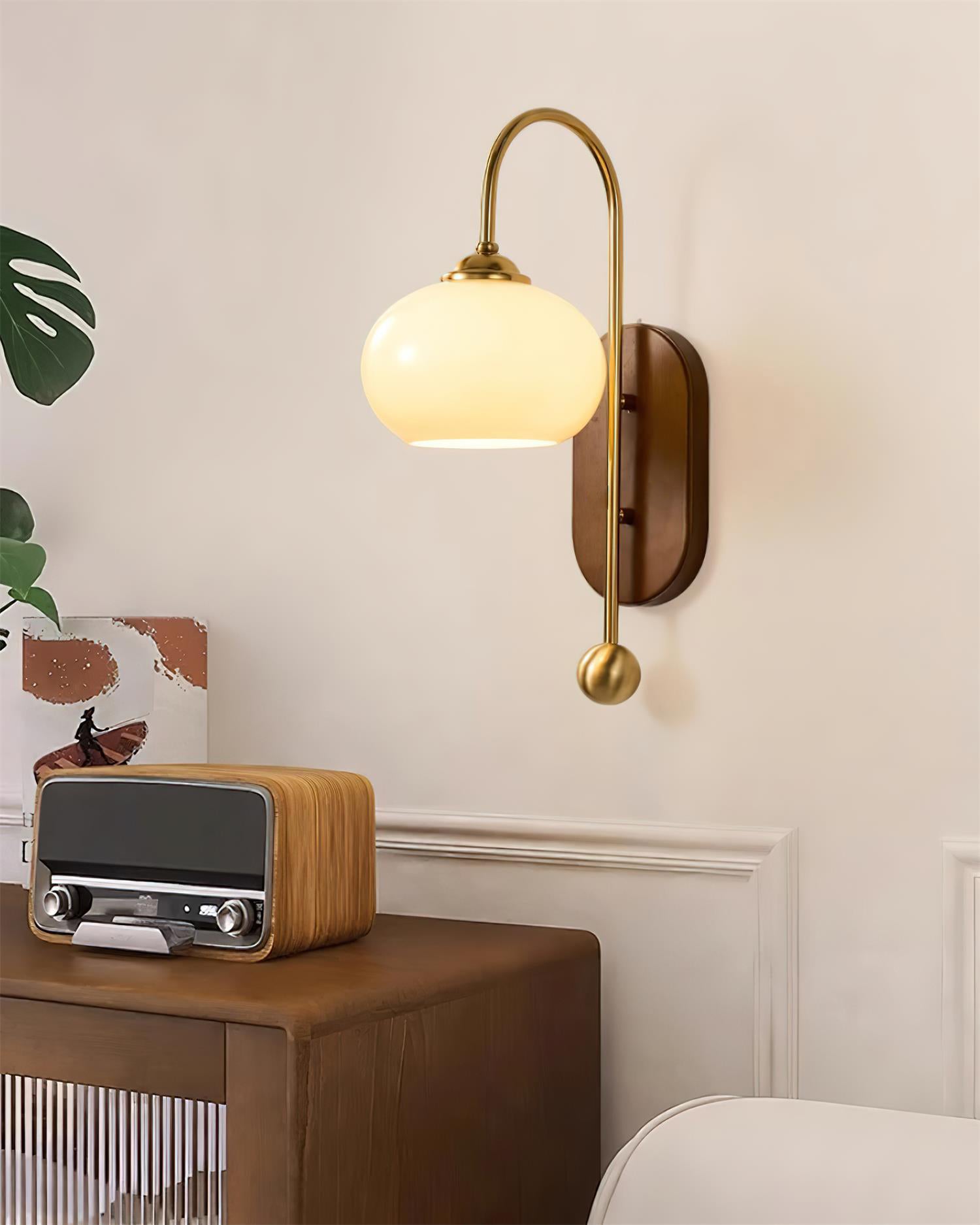 Wall Lamp Metal and Glass Smooth Globe with Wooden Backplate - Letslighting