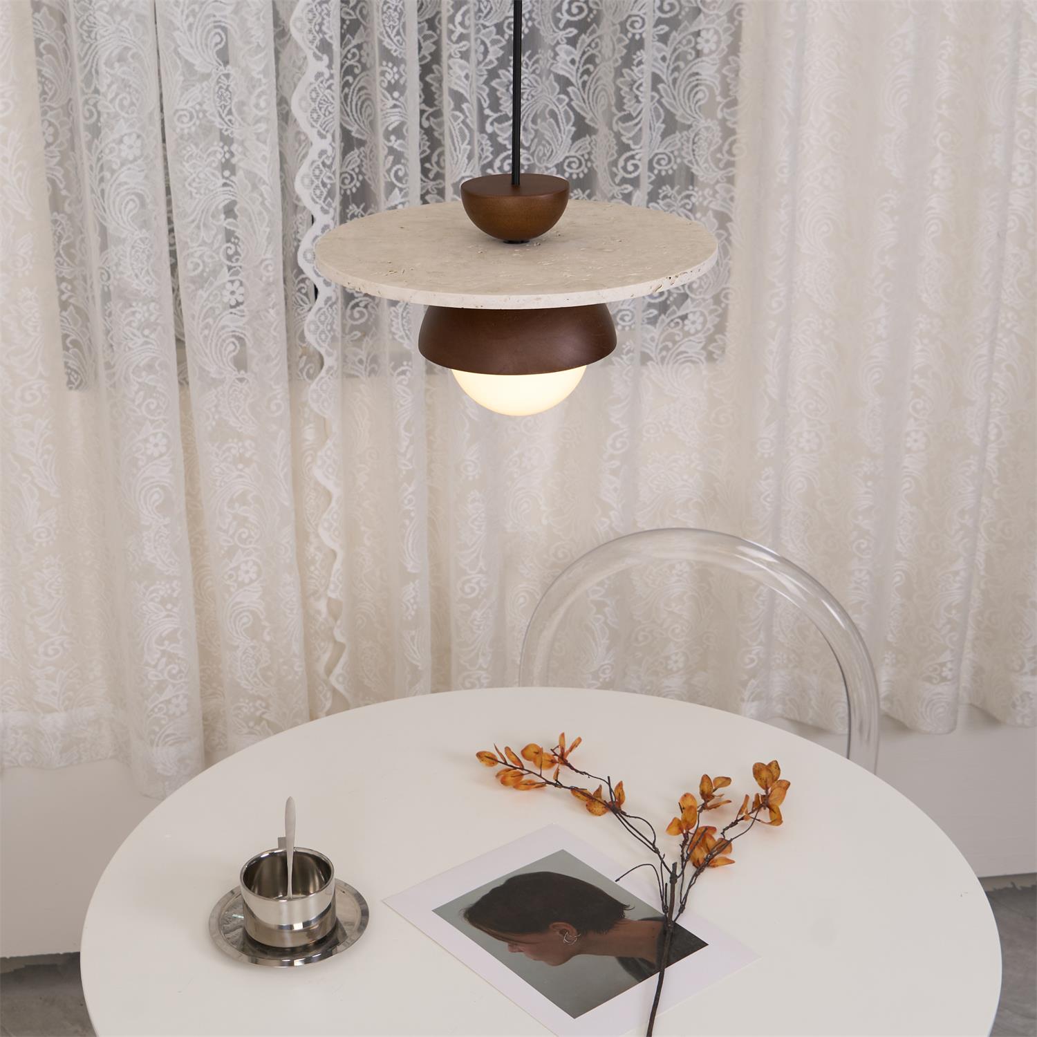 Pendant Lamp Glass Globe Travertine Disc Walnut Wood Natural - Letslighting