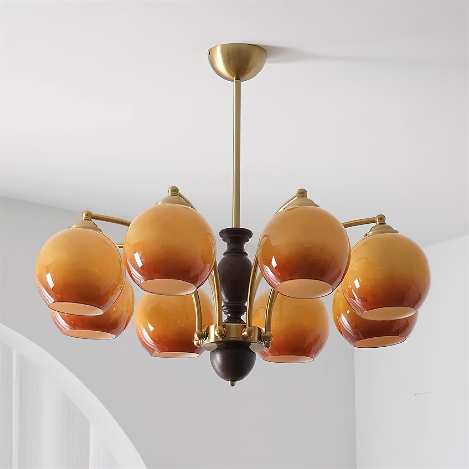 Chandelier Glass Shades Metal Frame Wood Accents Mid-Century Calm - Letslighting