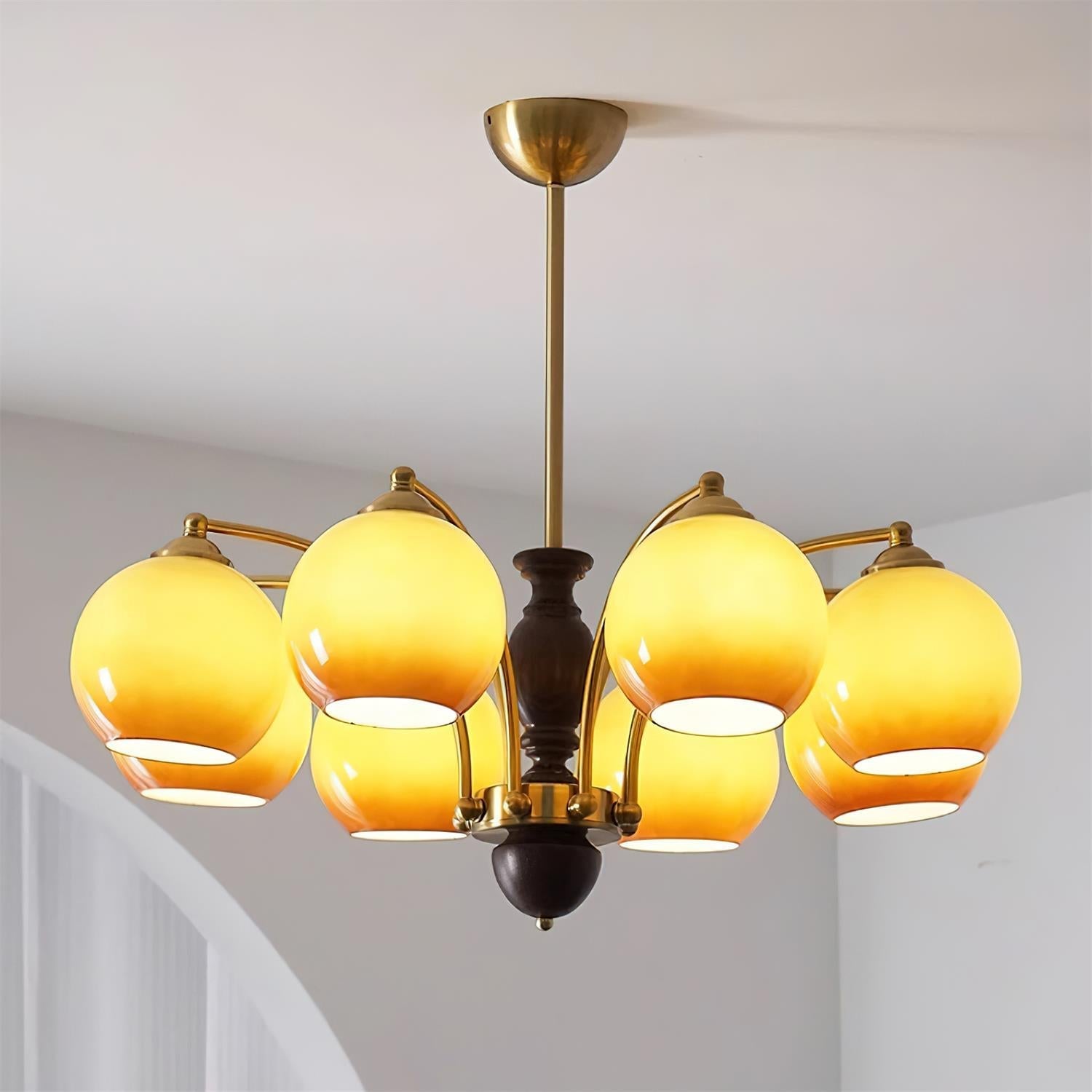 Chandelier Glass Shades Metal Frame Wood Accents Mid-Century Calm - Letslighting