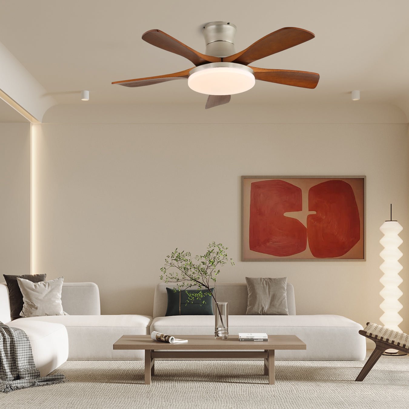 Ventilador de Techo Brevo con Luz visto desde abajo, destacando la pantalla acrílica y la fuente de luz LED integrada.