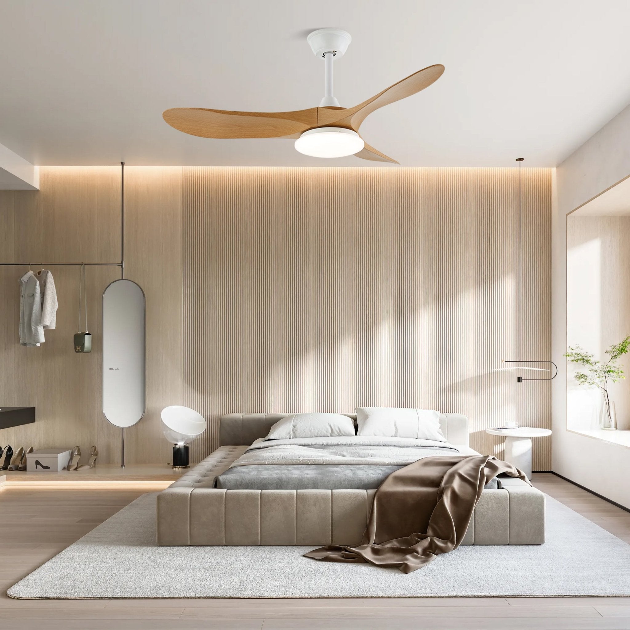 Ventilador de Techo Minimalista Oriken con luz desde un ángulo diferente