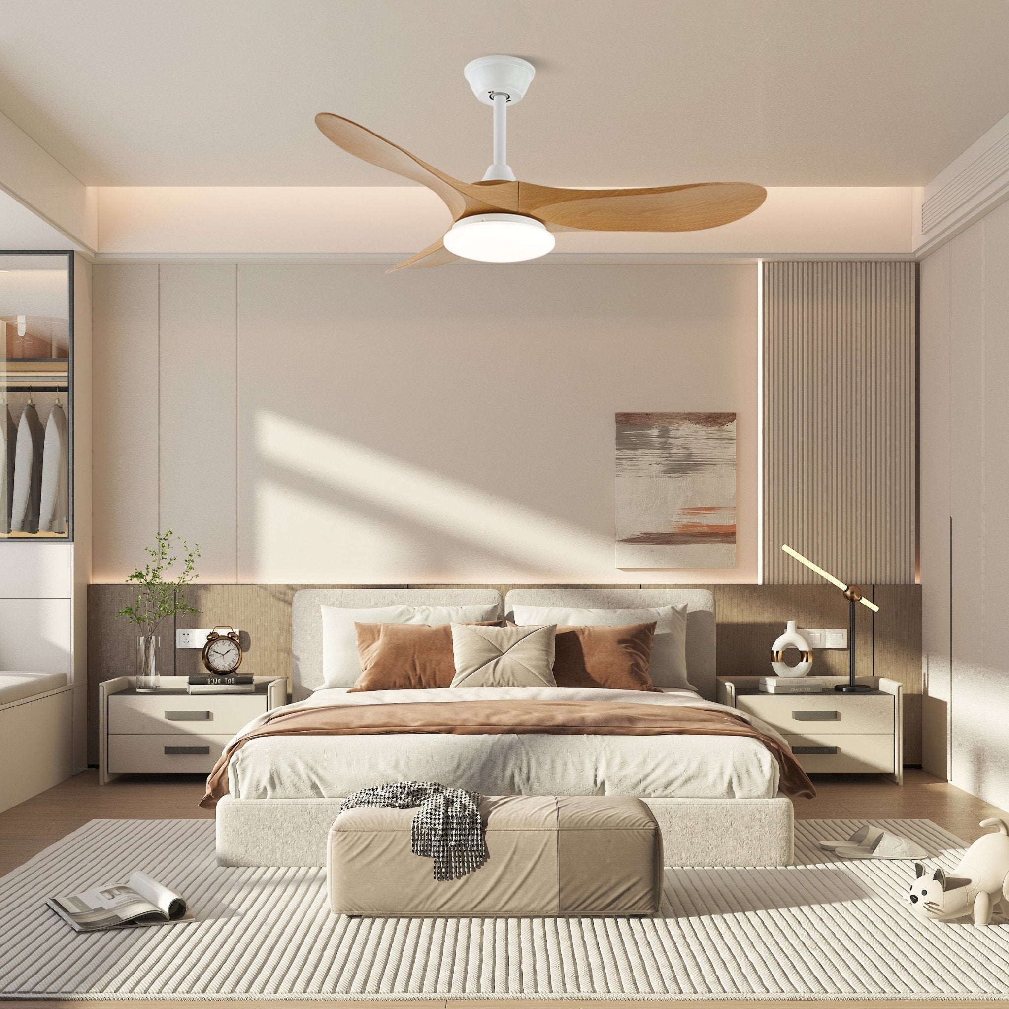 Ventilador de Techo Minimalista Oriken con luz iluminando una habitación