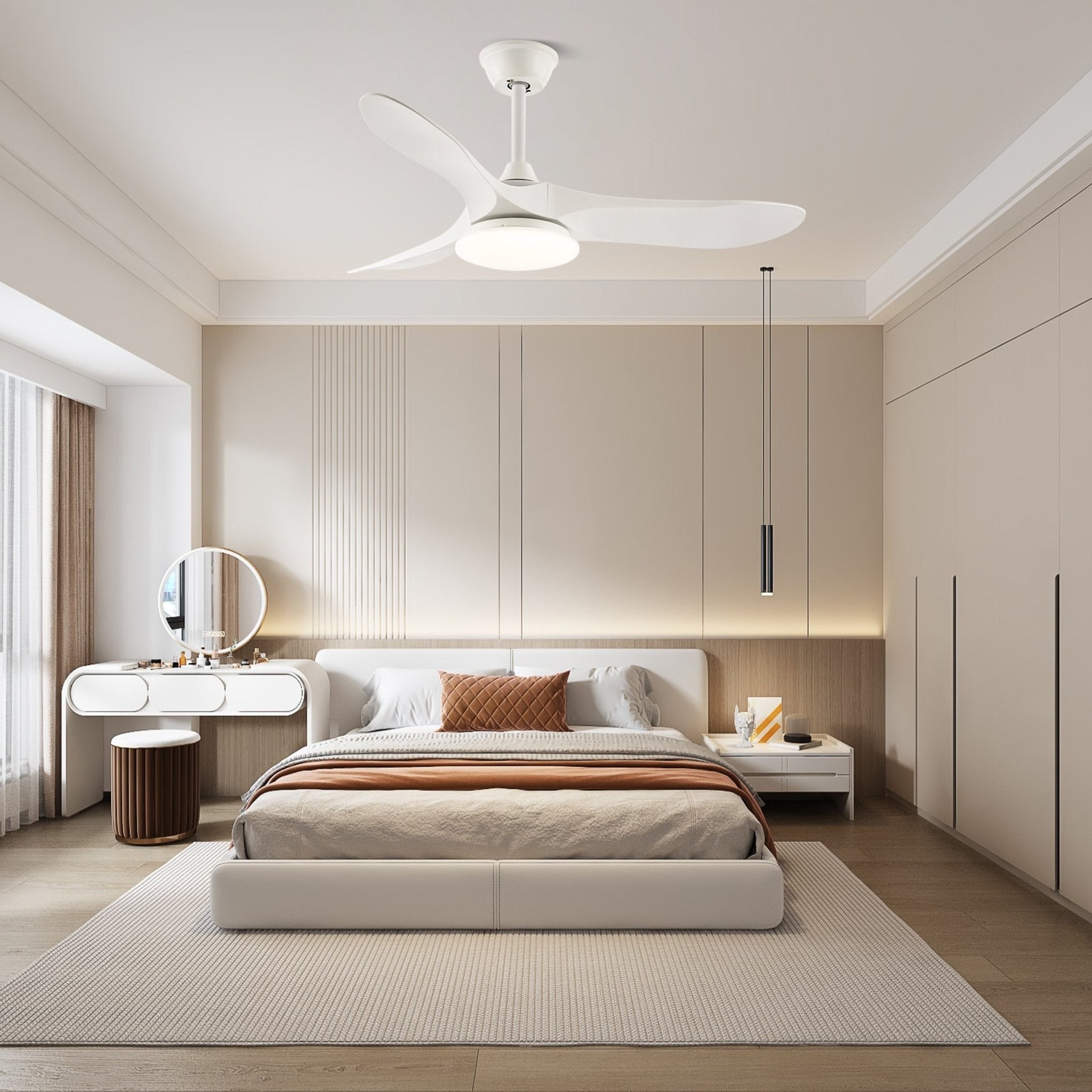 Ventilador de Techo Minimalista Oriken con luz instalado en una sala de estar moderna