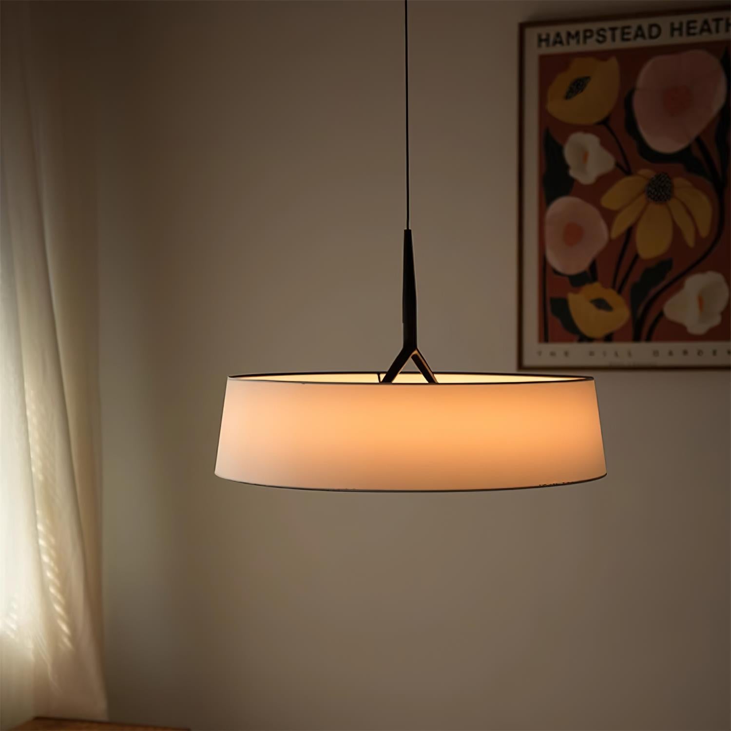 Pendant Light White Fabric Drum Black - Letslighting