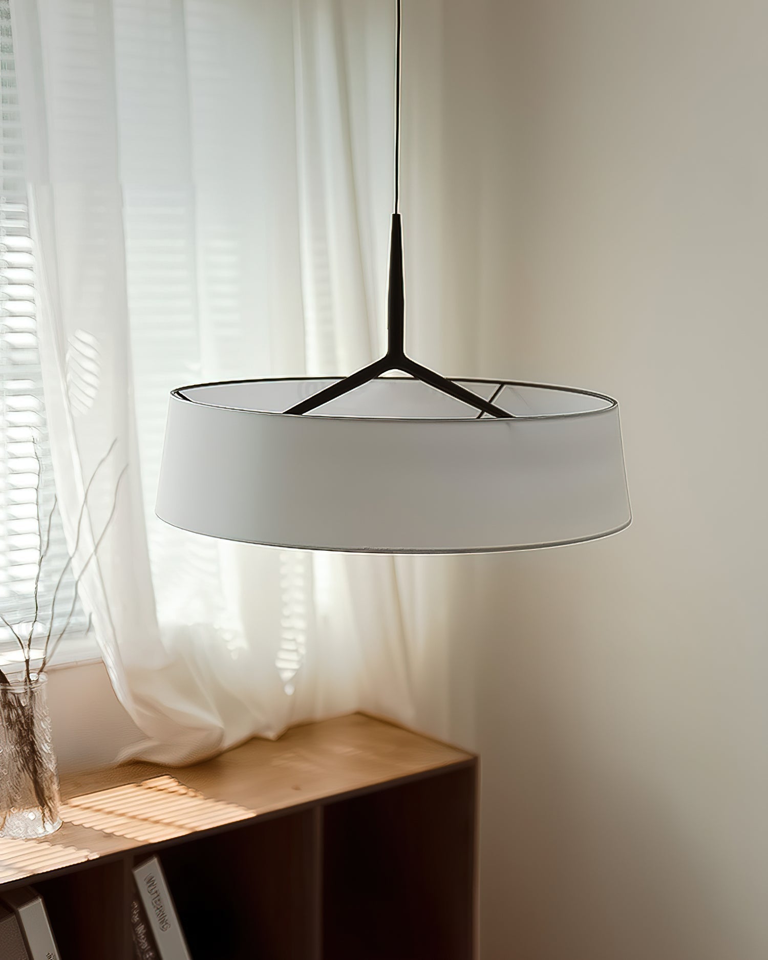 Pendant Light White Fabric Drum Black - Letslighting