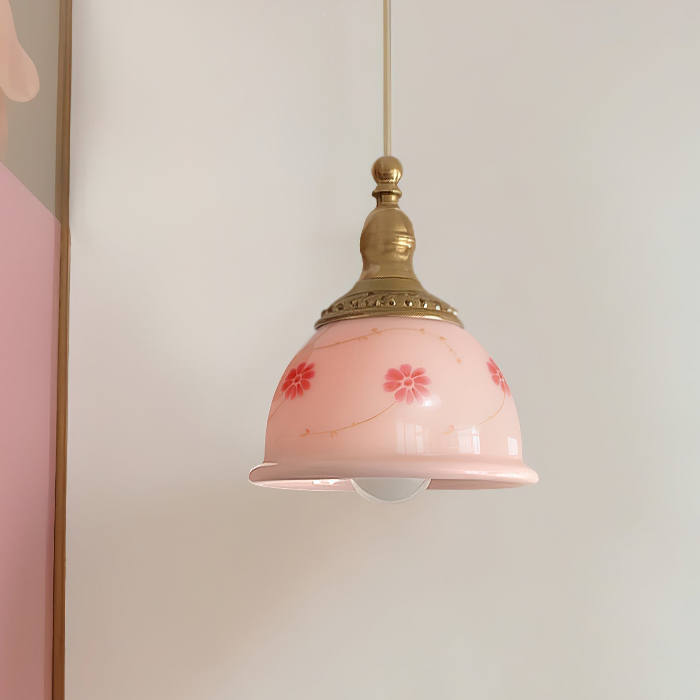 Pendant Lamp Brass and Glass Floral Pattern Dome Shade Vintage - Letslighting