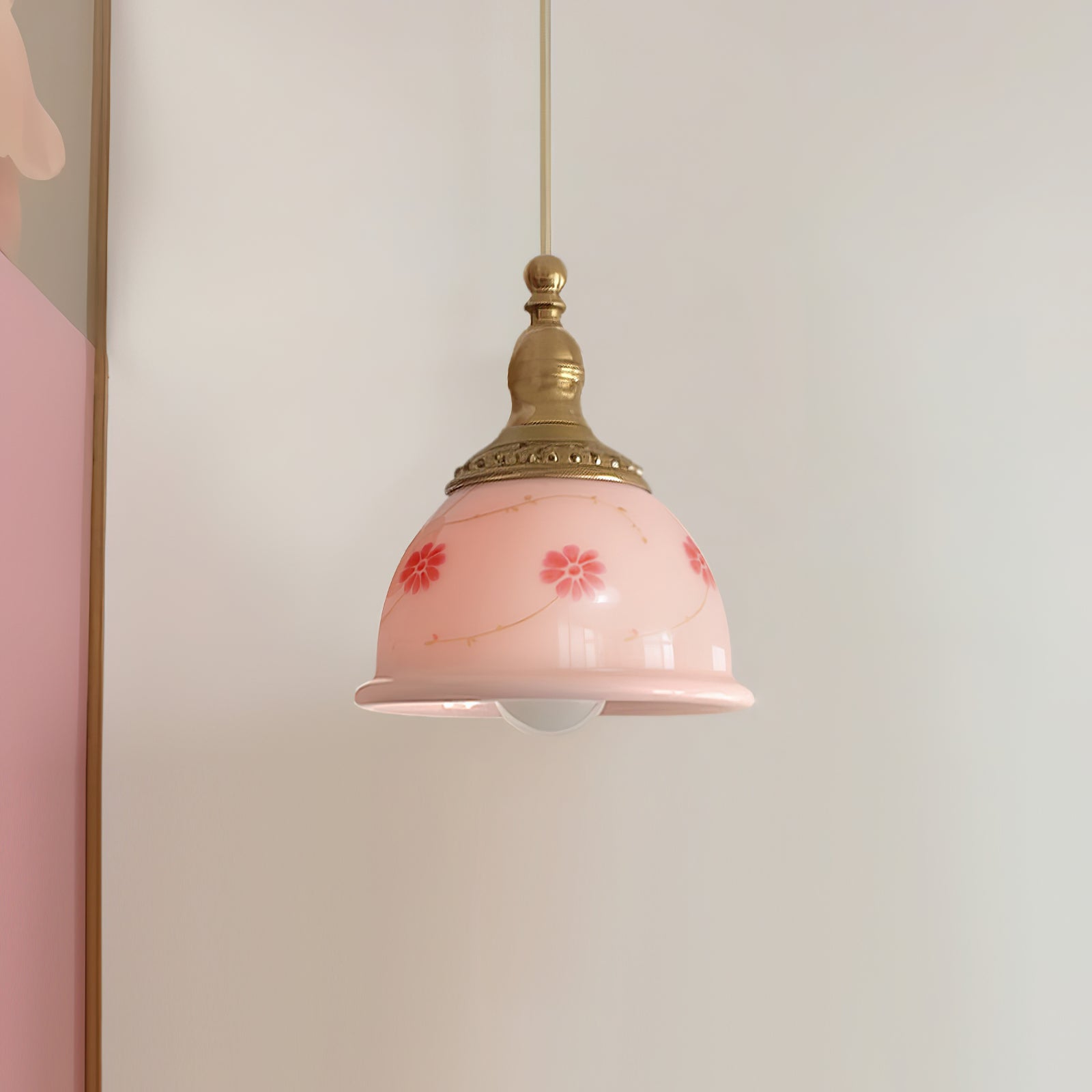 Pendant Lamp Brass and Glass Floral Pattern Dome Shade Vintage - Letslighting