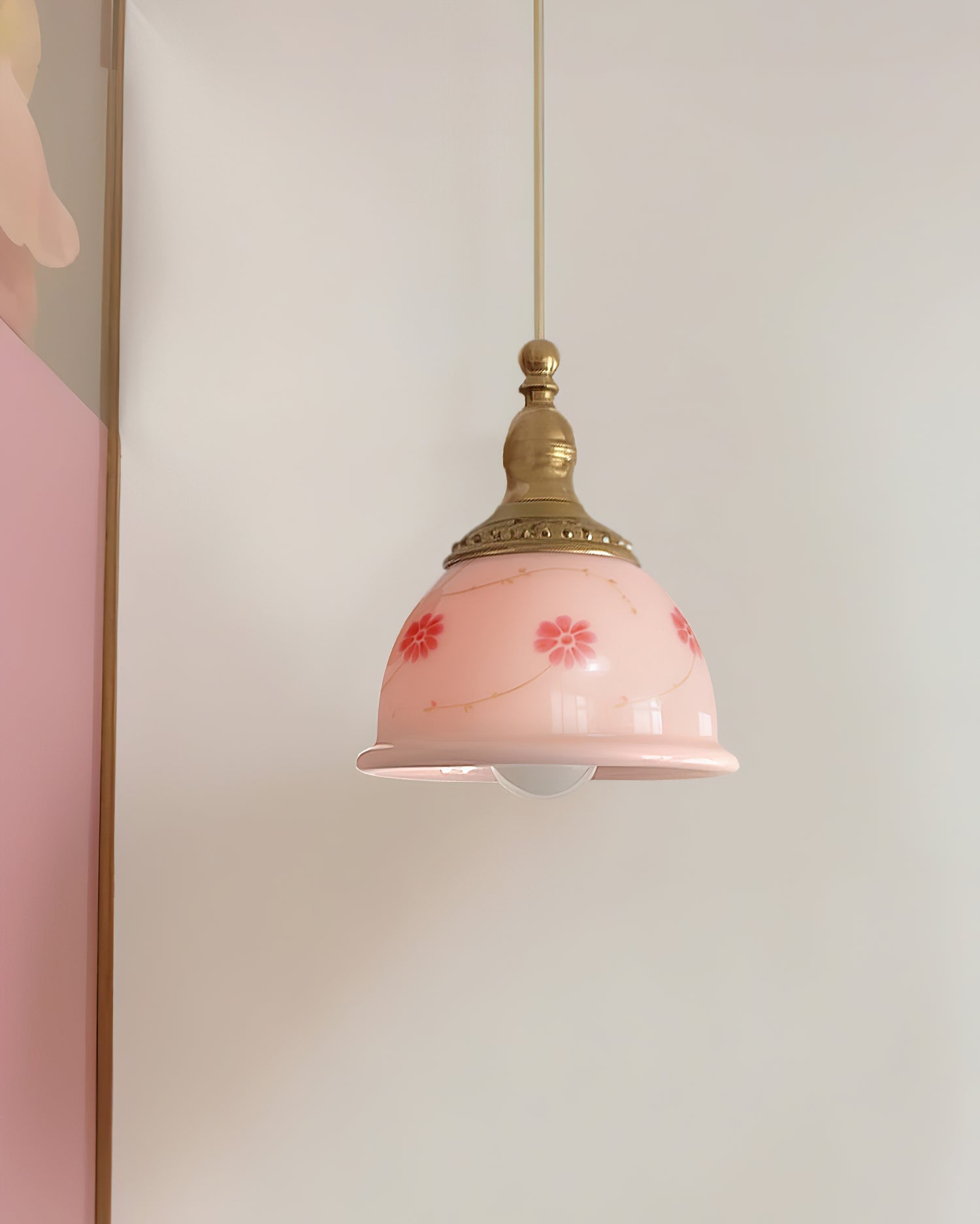 Pendant Lamp Brass and Glass Floral Pattern Dome Shade Vintage - Letslighting