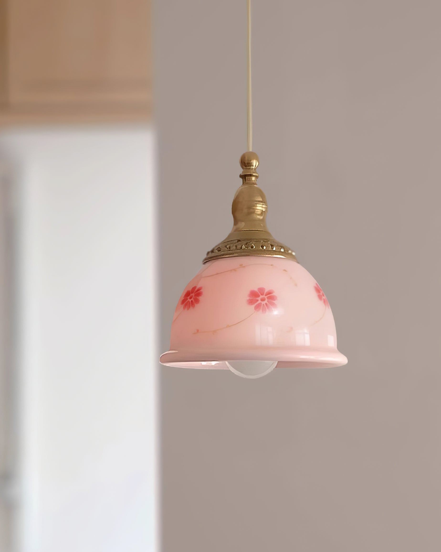 Pendant Lamp Brass and Glass Floral Pattern Dome Shade Vintage - Letslighting