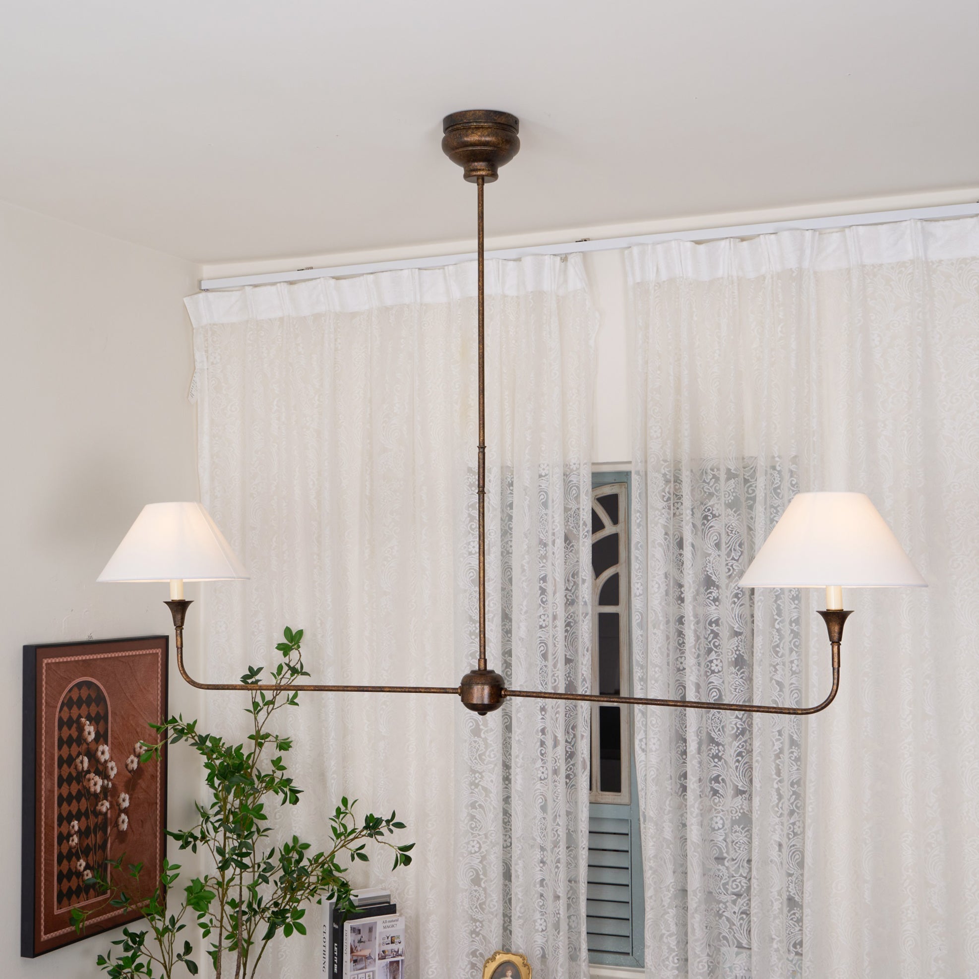 Aera Modern Minimalist Linear Antique Brass Fabric Chandelier - Lamp Copper