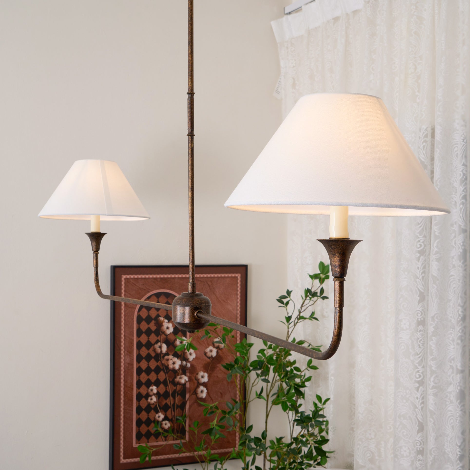 Aera Modern Minimalist Linear Antique Brass Fabric Chandelier - Lamp Copper