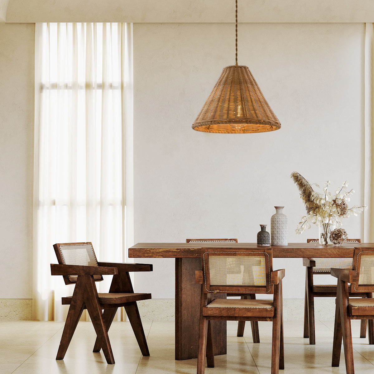 Pendant Lamp Rattan Shade and Metal Body Cone Shape Natural Minimalist - Letslighting
