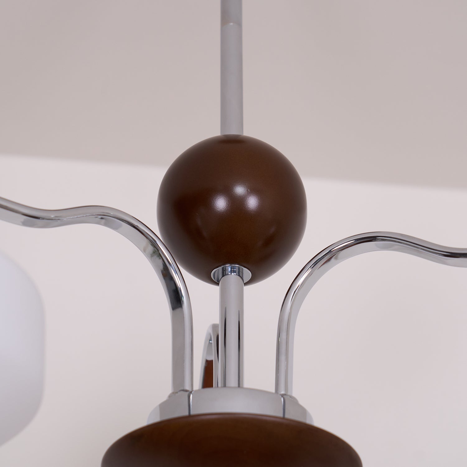 Chandelier White Glass Shades Chrome Walnut Arms Retro - Letslighting