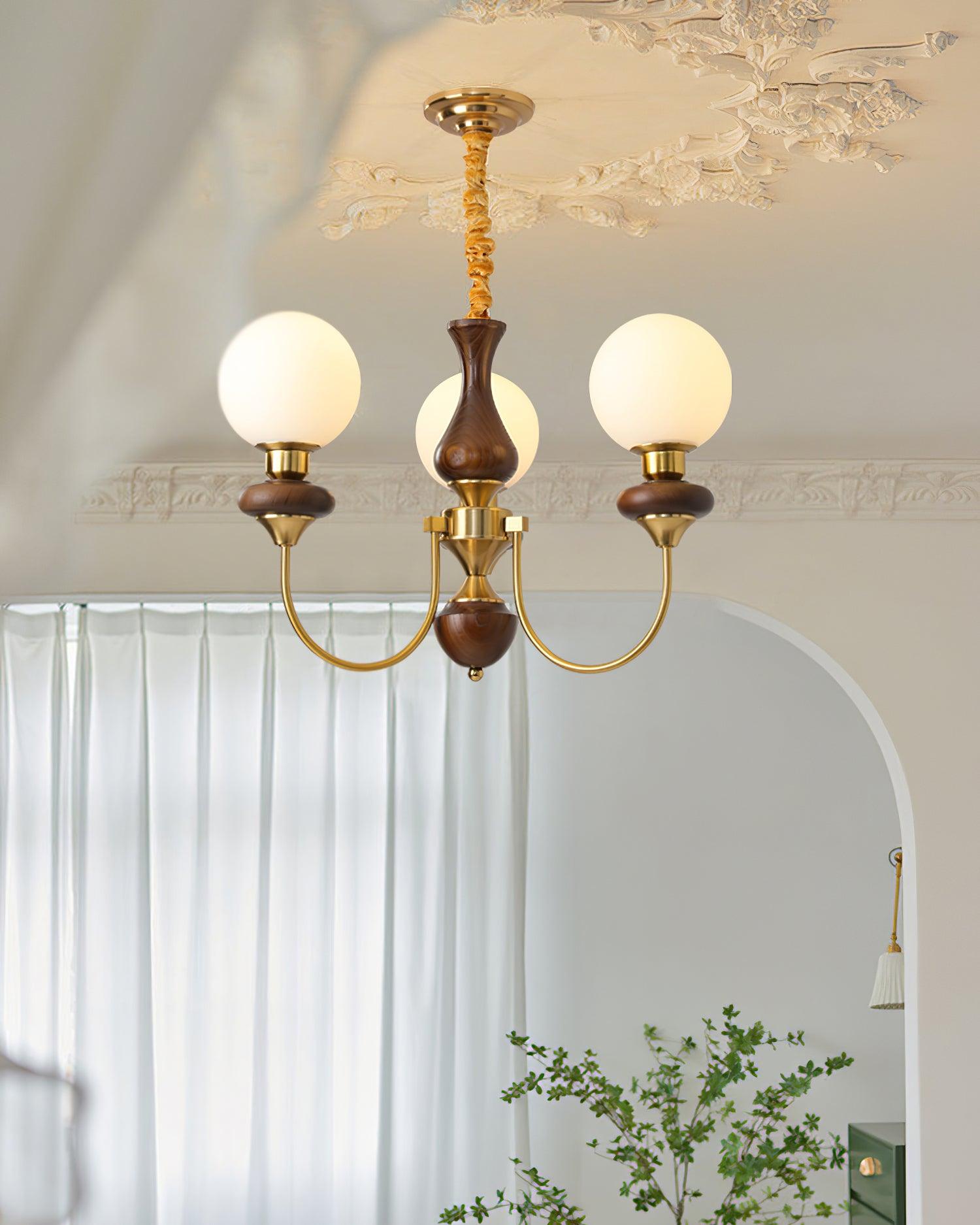 Chandelier Brass Curved Arms Walnut Vintage - Letslighting