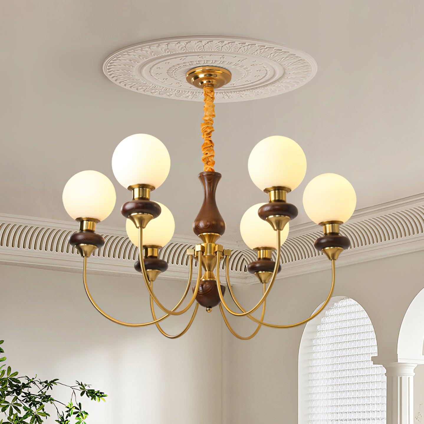 Chandelier Brass Curved Arms Walnut Vintage - Letslighting