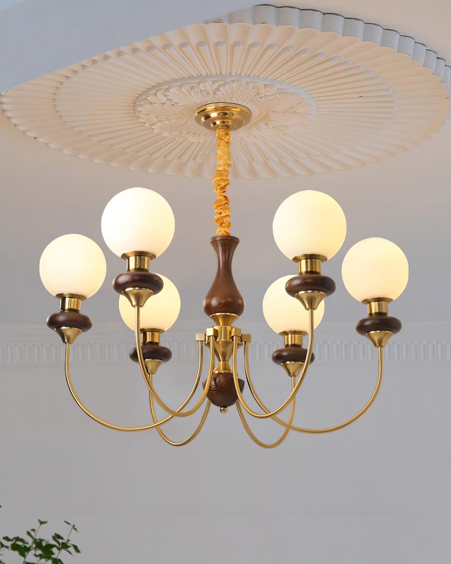 Chandelier Brass Curved Arms Walnut Vintage - Letslighting