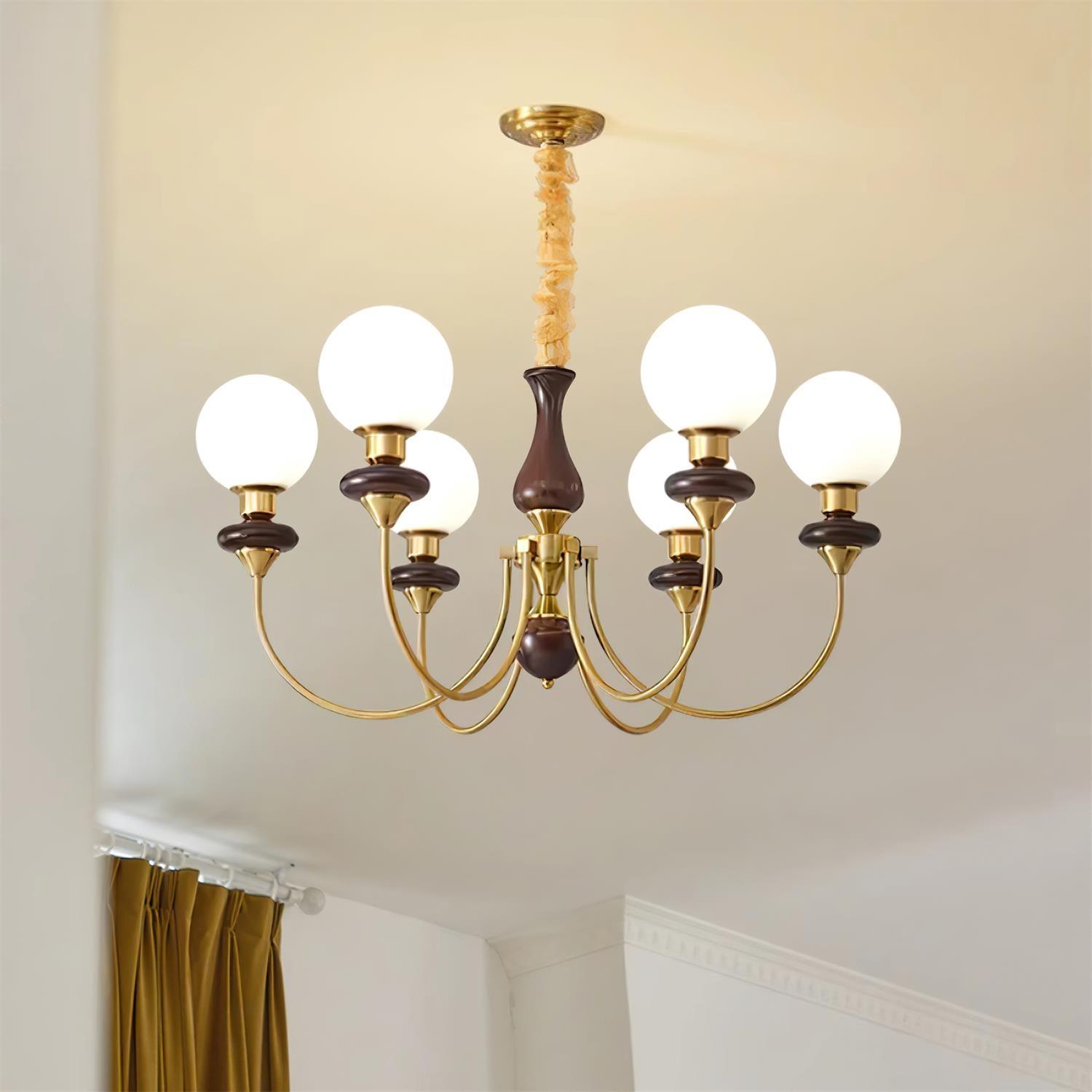Chandelier Brass Curved Arms Walnut Vintage - Letslighting