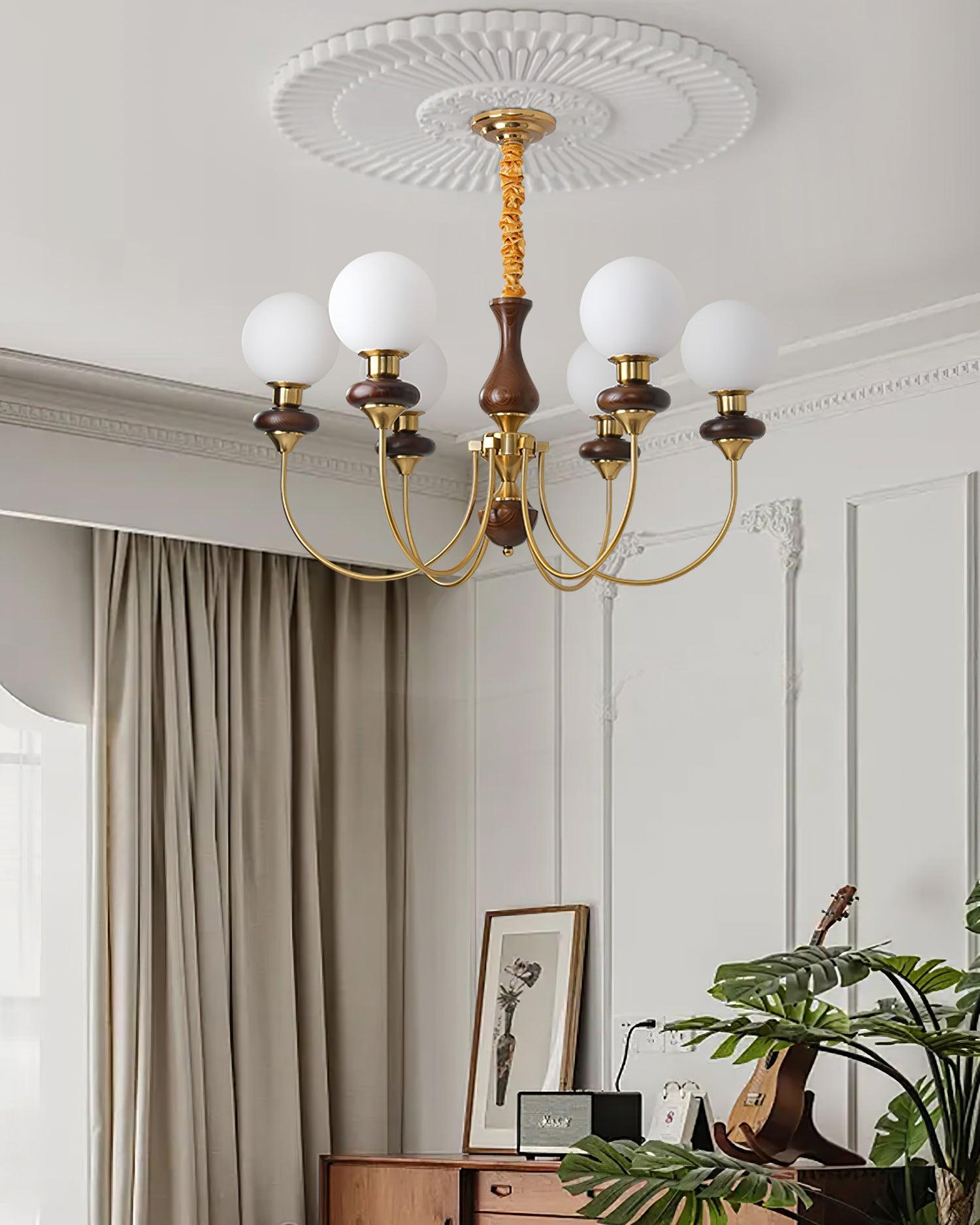 Chandelier Brass Curved Arms Walnut Vintage - Letslighting