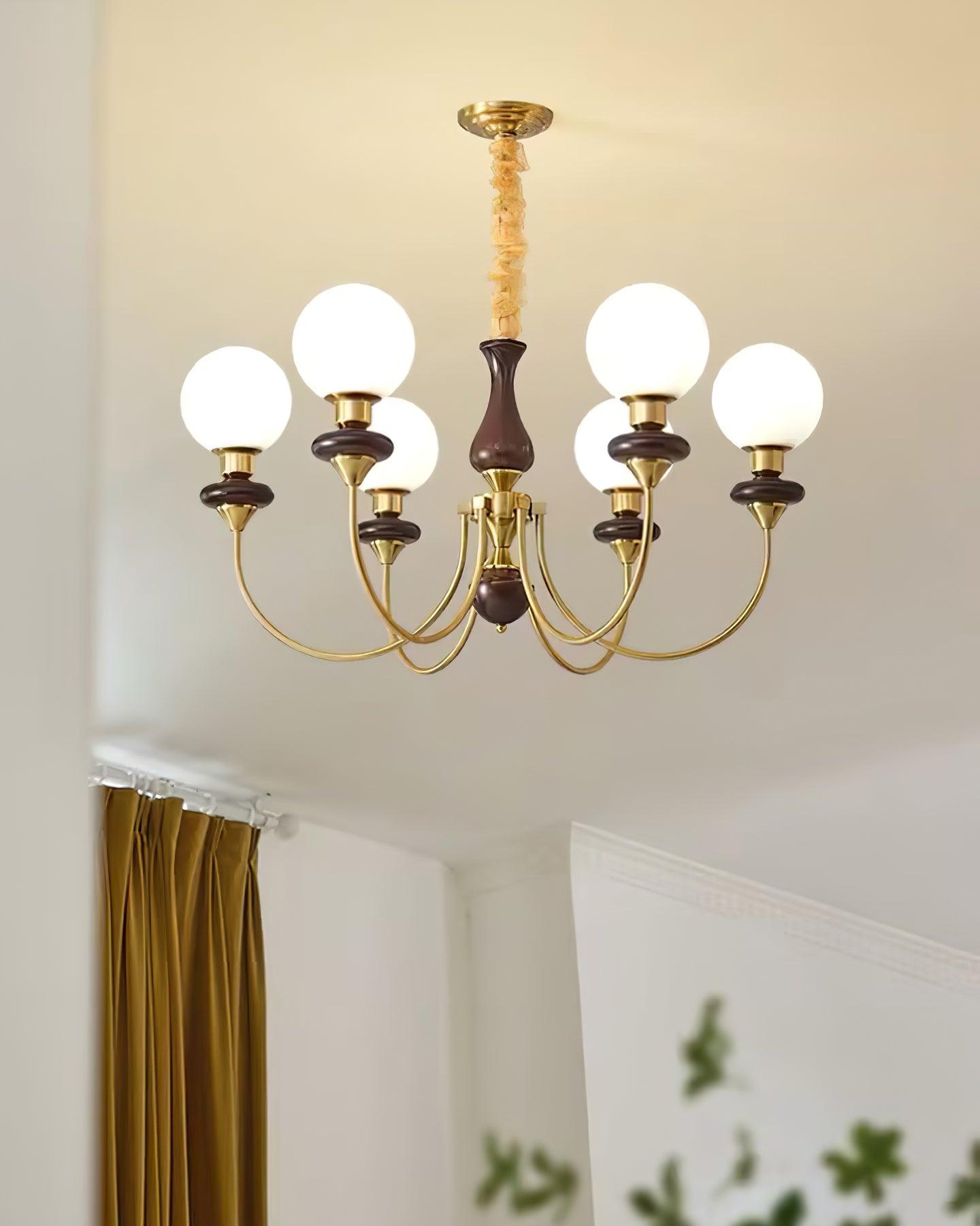 Chandelier Brass Curved Arms Walnut Vintage - Letslighting