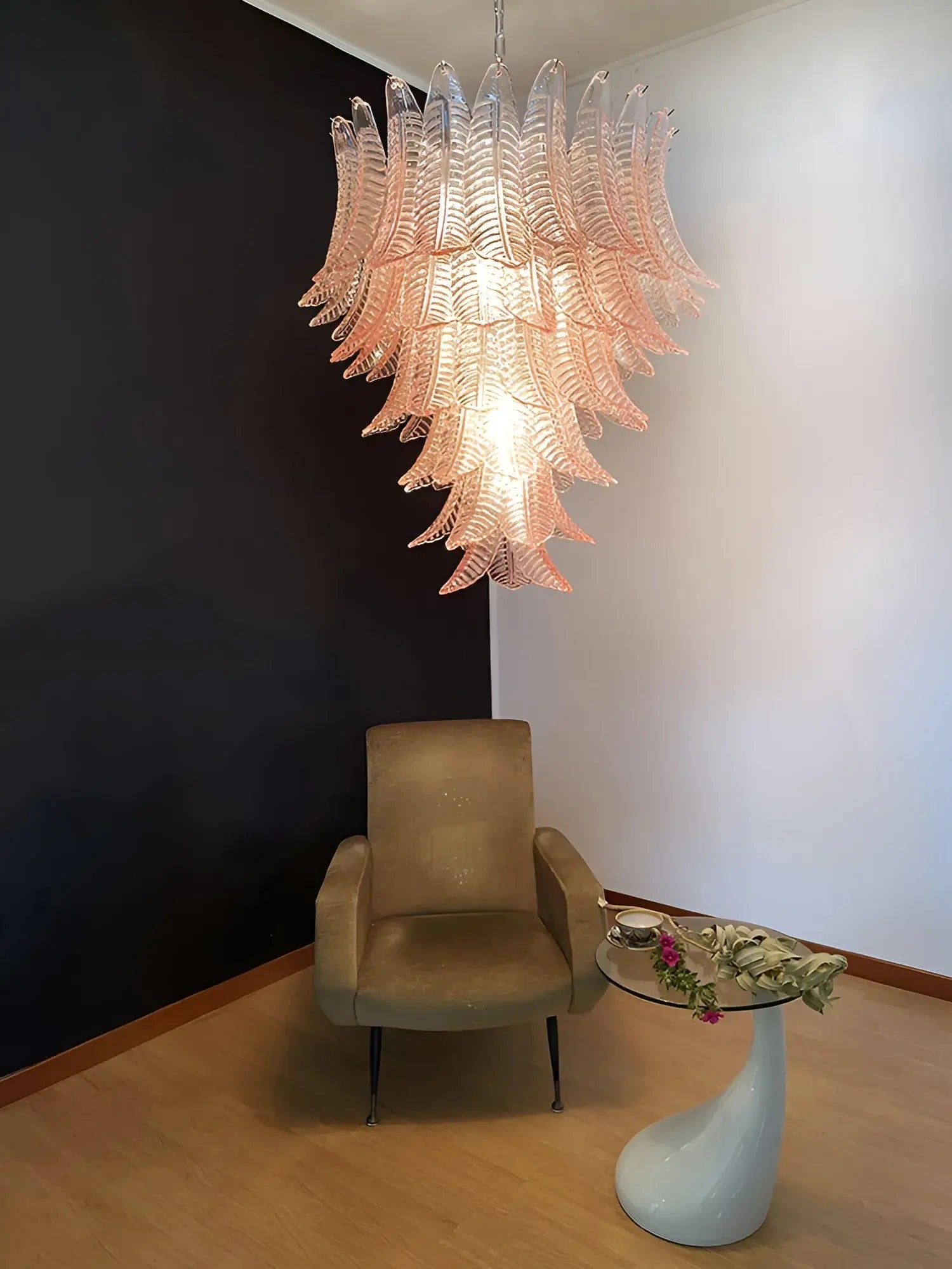 Aurora Chandelier Pink Murano Glass Leaves Cascading Romantic - Letslighting